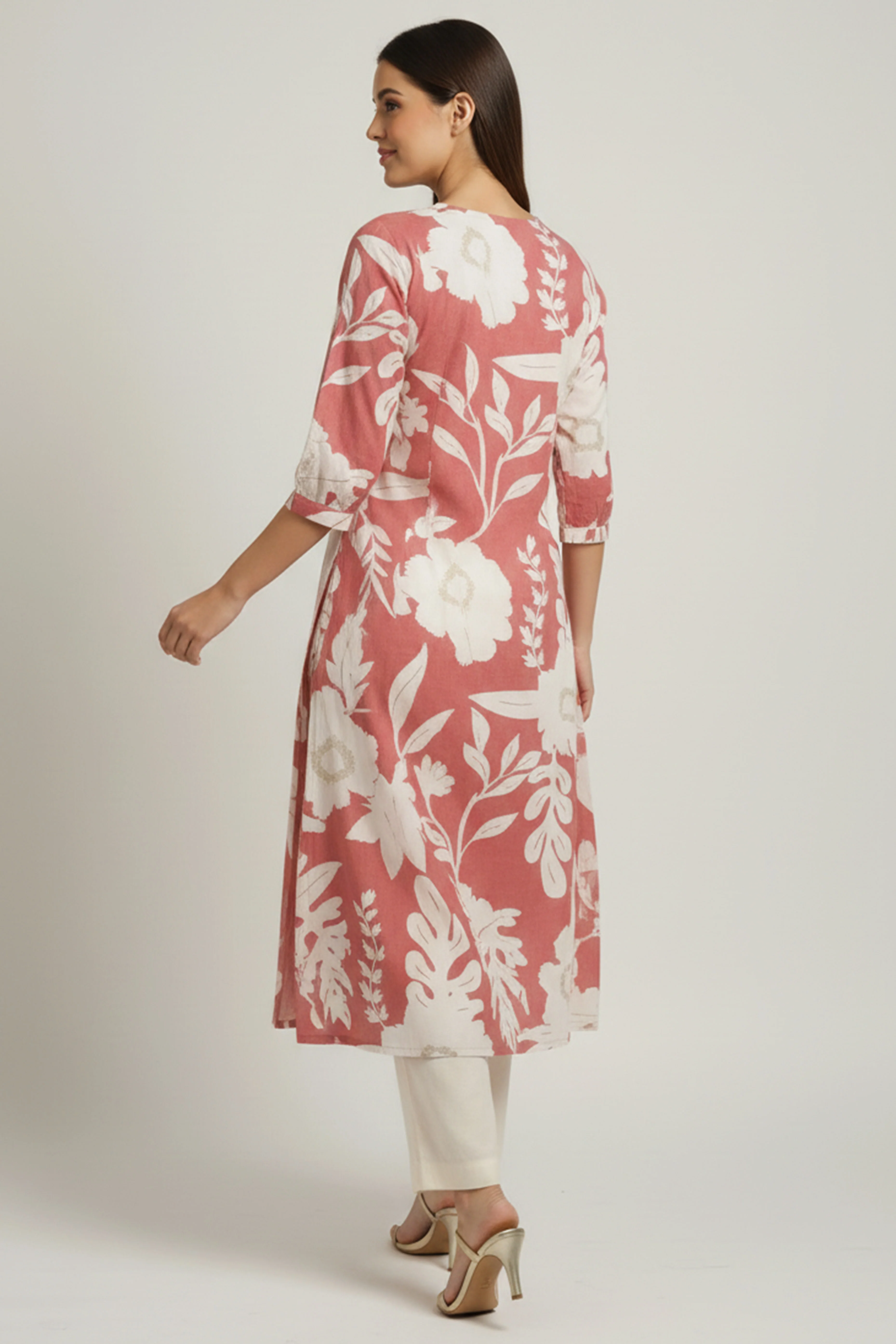 Dark Peach Comfortable & Trendy A-Line Kurti in Pure Cotton Fabric with Floral Design - Image 3