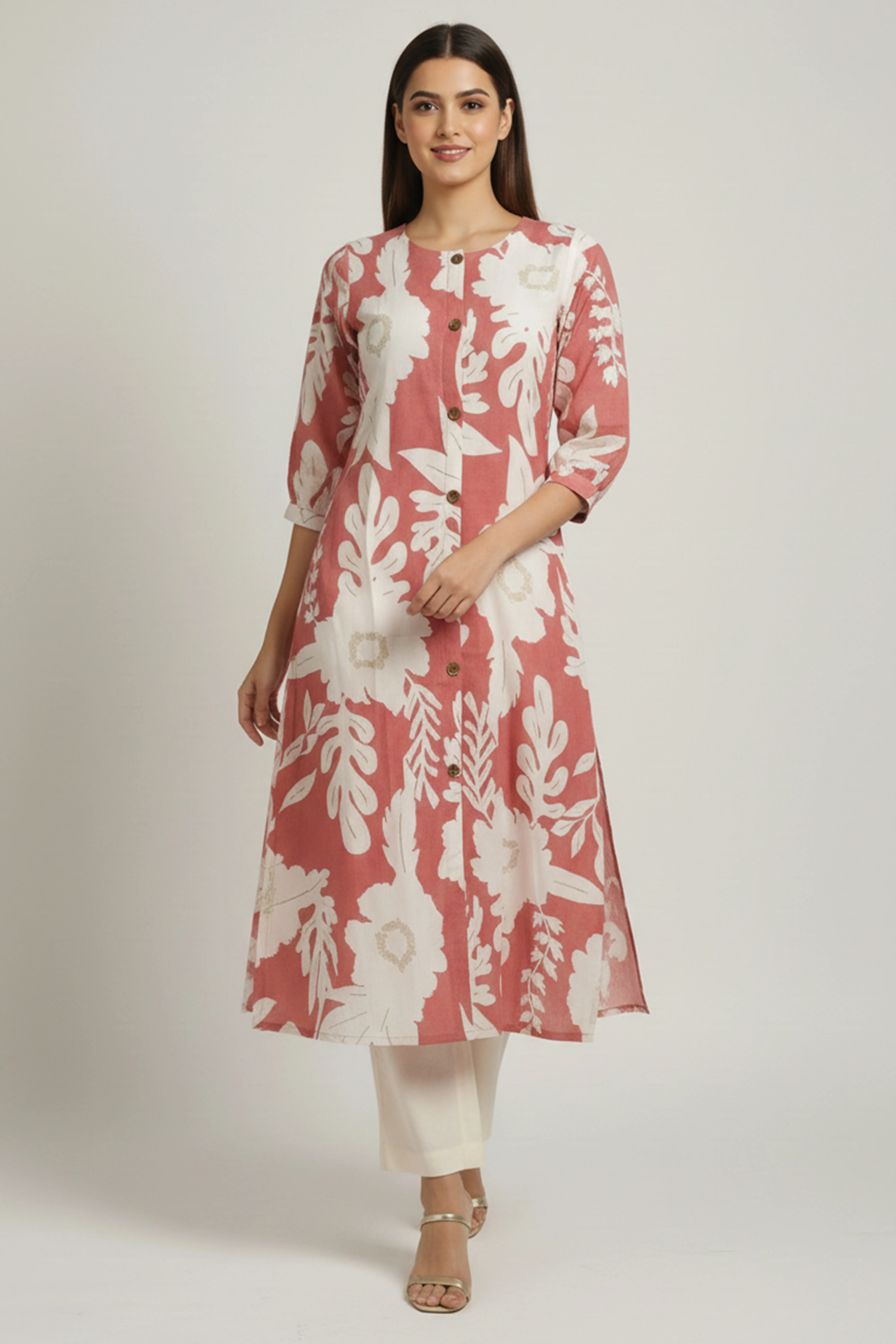 Dark Peach Comfortable & Trendy A-Line Kurti in Pure Cotton Fabric with Floral Design - Image 4