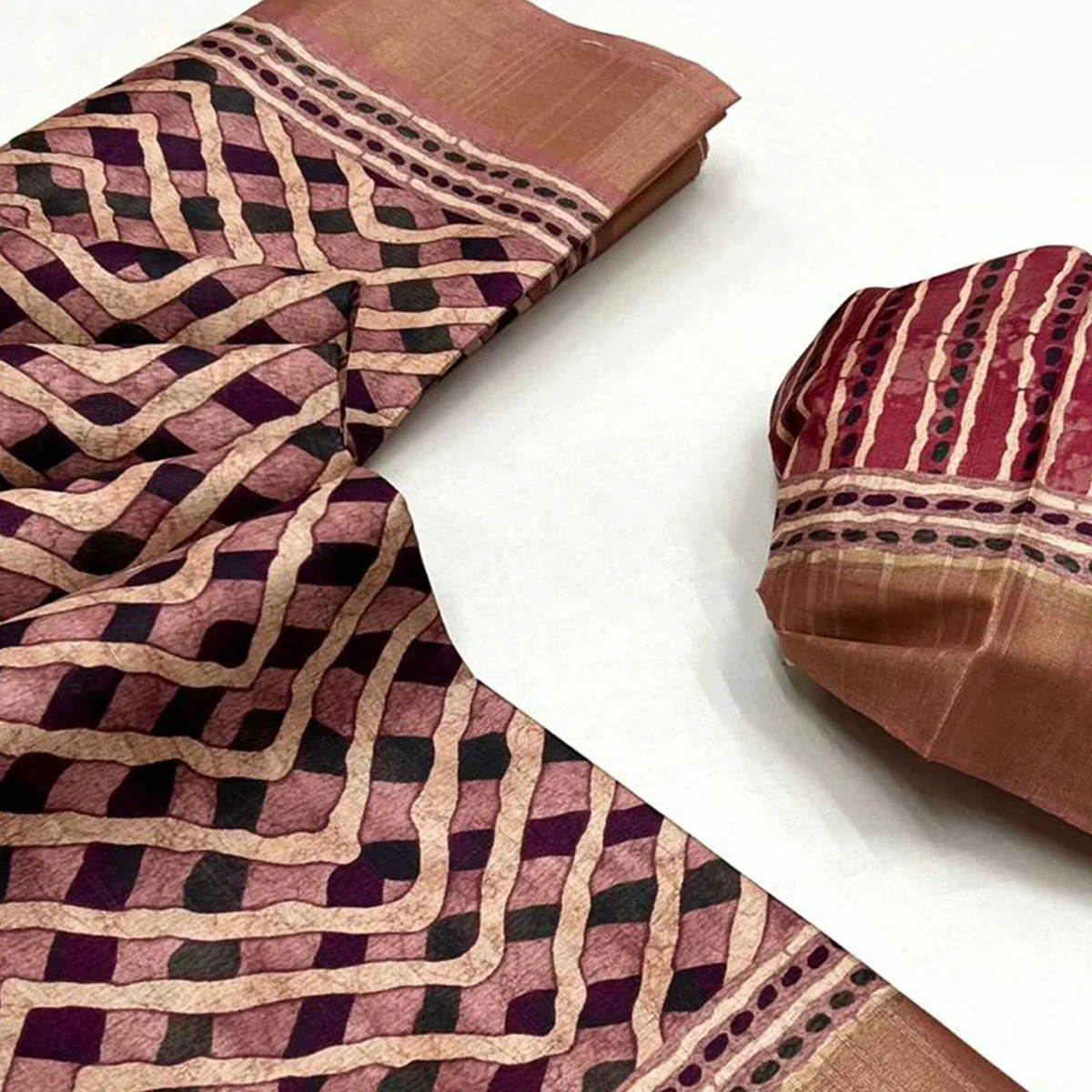 Dark Peach Digital Printed Tussar Silk Saree - Image 2