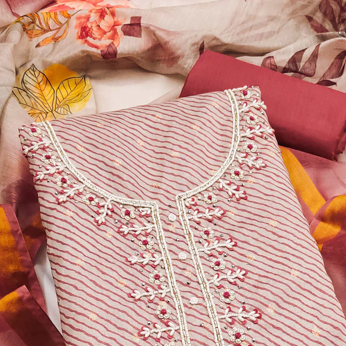 Dark Peach Digital Printed With Handwork Modal Chanderi Silk Dress Material - Image 2