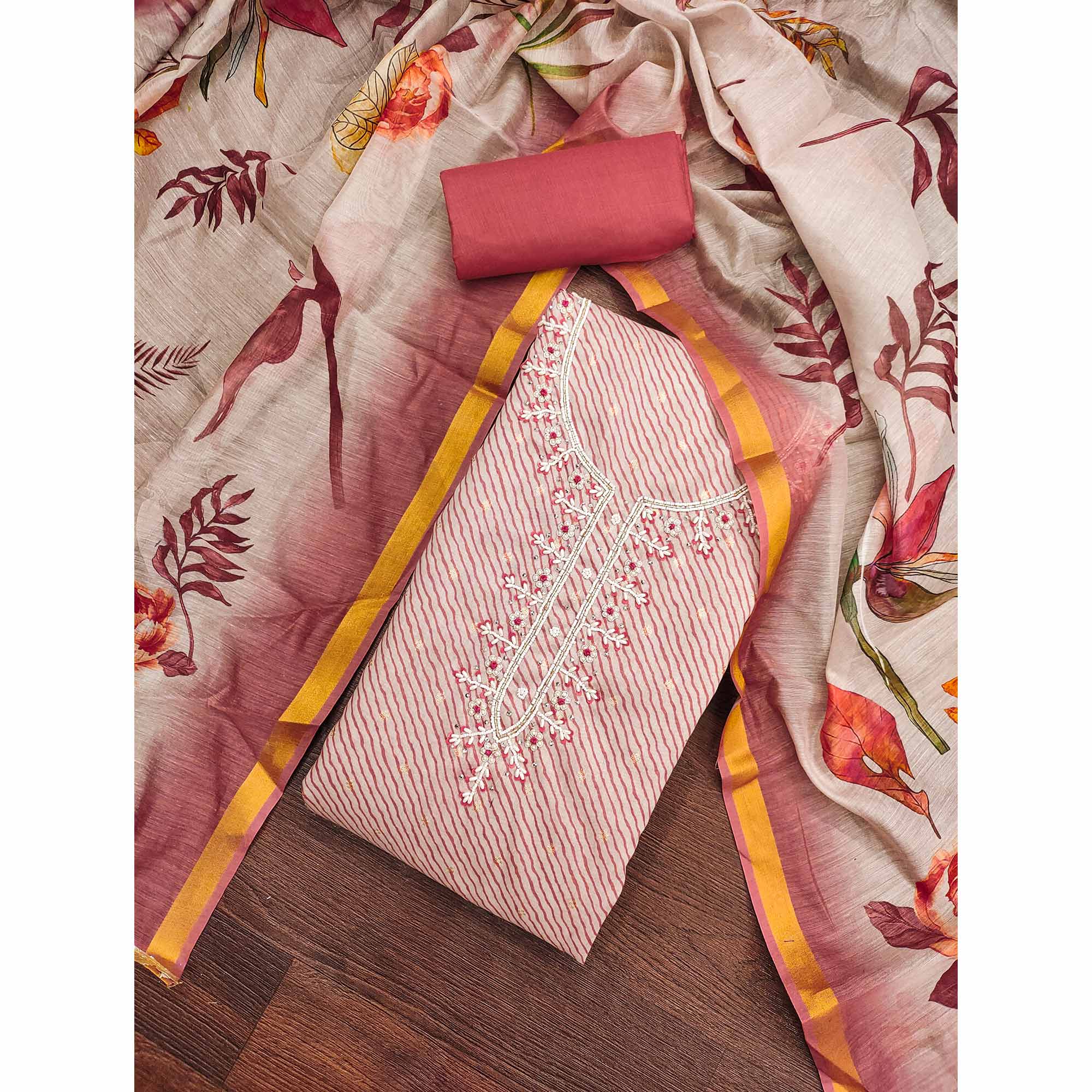 Dark Peach Digital Printed With Handwork Modal Chanderi Silk Dress Material - Image 3