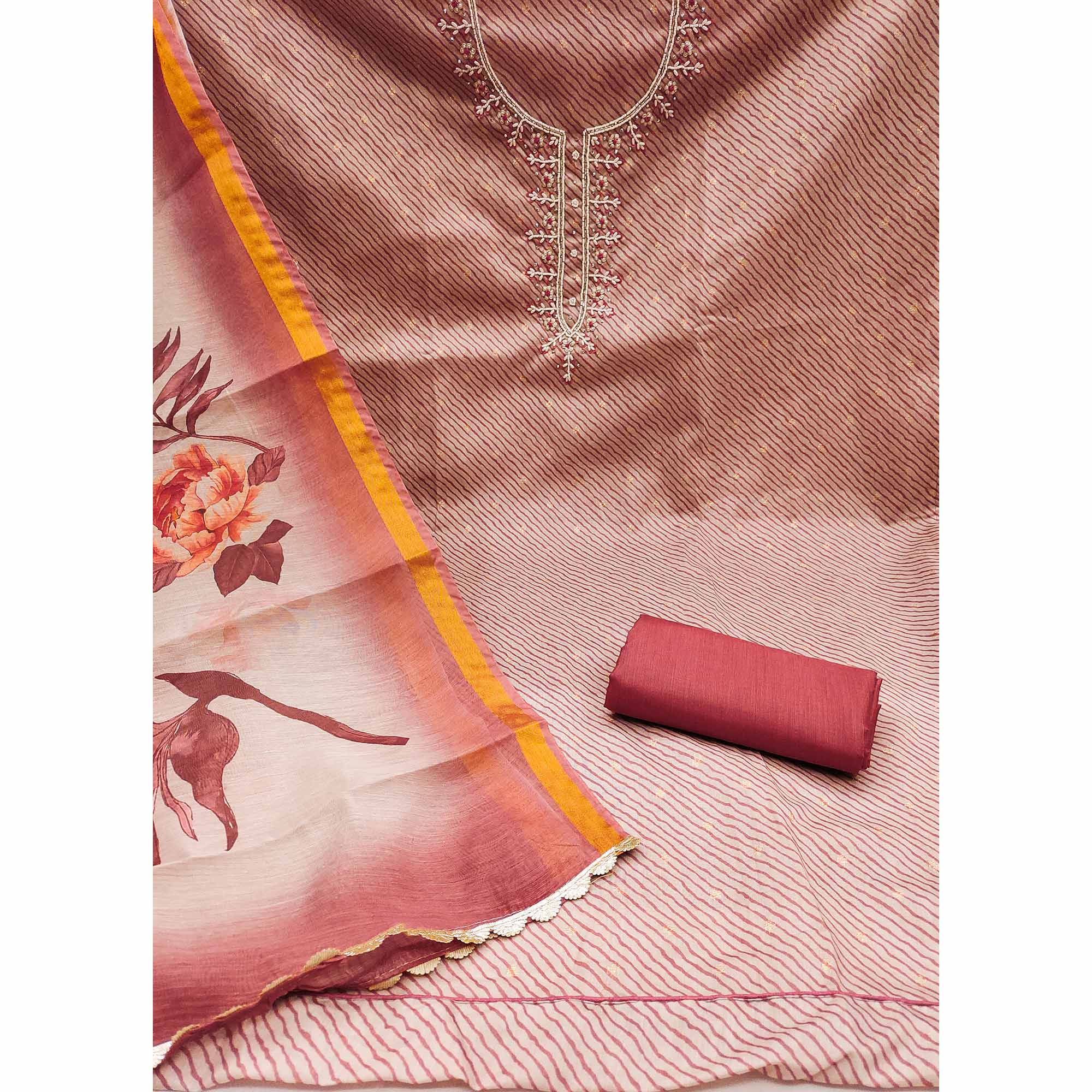 Dark Peach Digital Printed With Handwork Modal Chanderi Silk Dress Material - Image 4