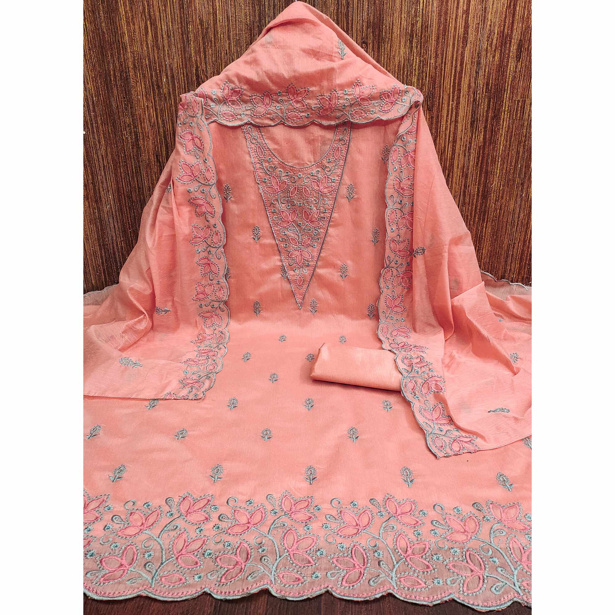 Dark Peach Floral Embroidered Chanderi Dress Material - Image 4