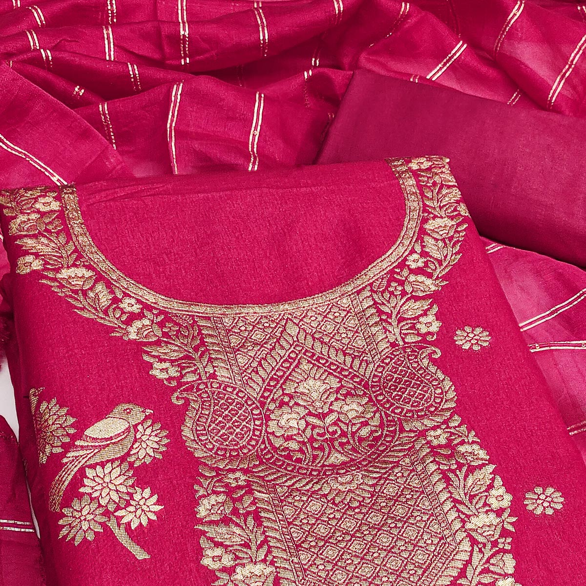 Dark Pink Banarasi Silk Dress Material With Classic Zari Design - Image 2