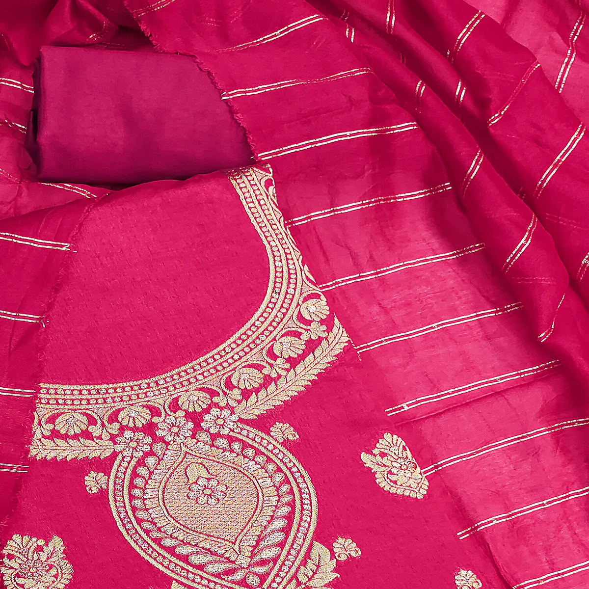 Dark Pink Banarasi Silk Dress Material With Classic Zari Design - Image 2