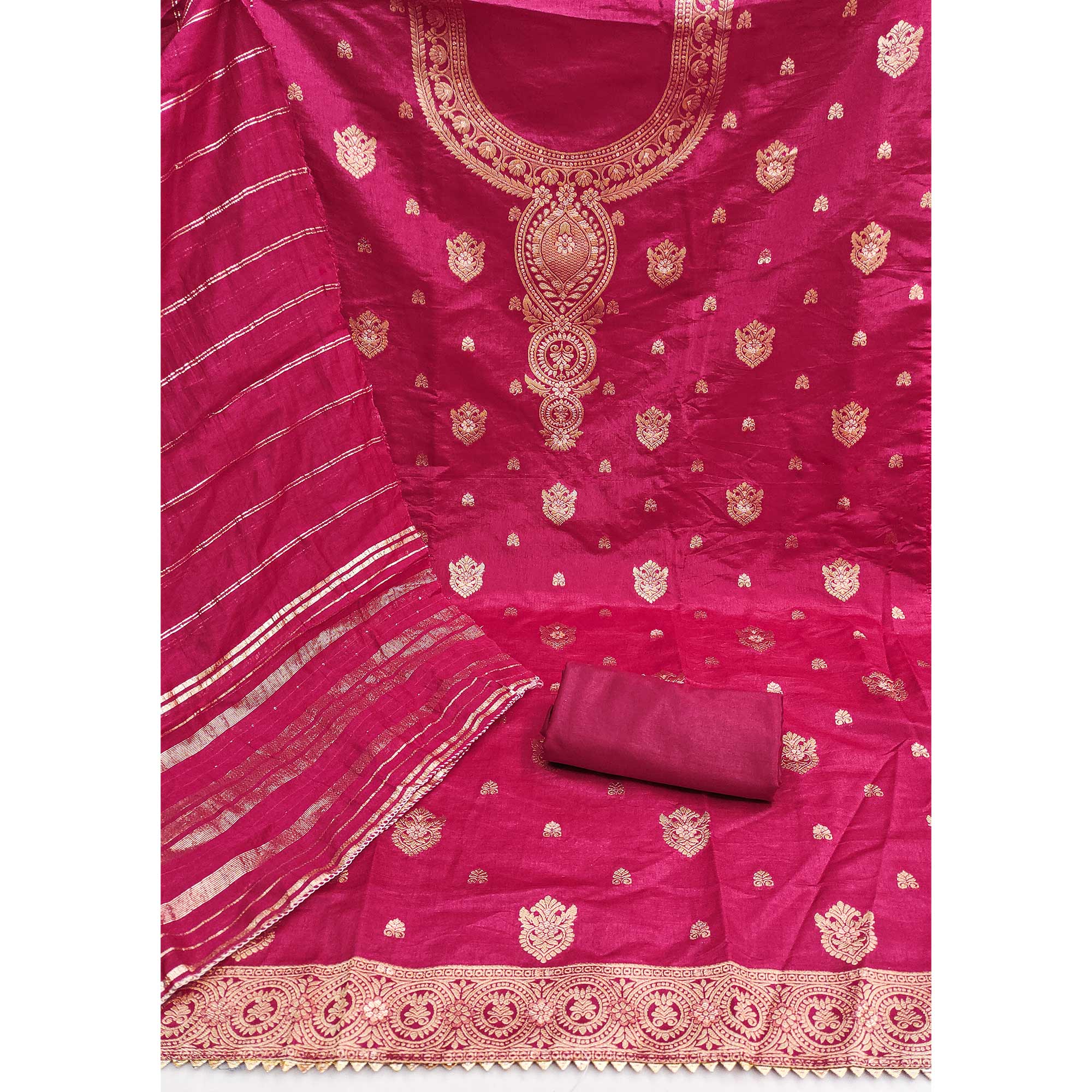 Dark Pink Banarasi Silk Dress Material With Classic Zari Design - Image 3
