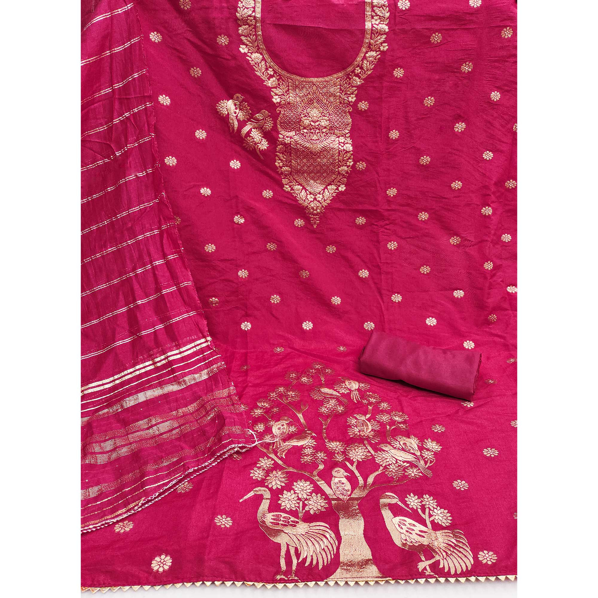 Dark Pink Banarasi Silk Dress Material With Classic Zari Design - Image 3
