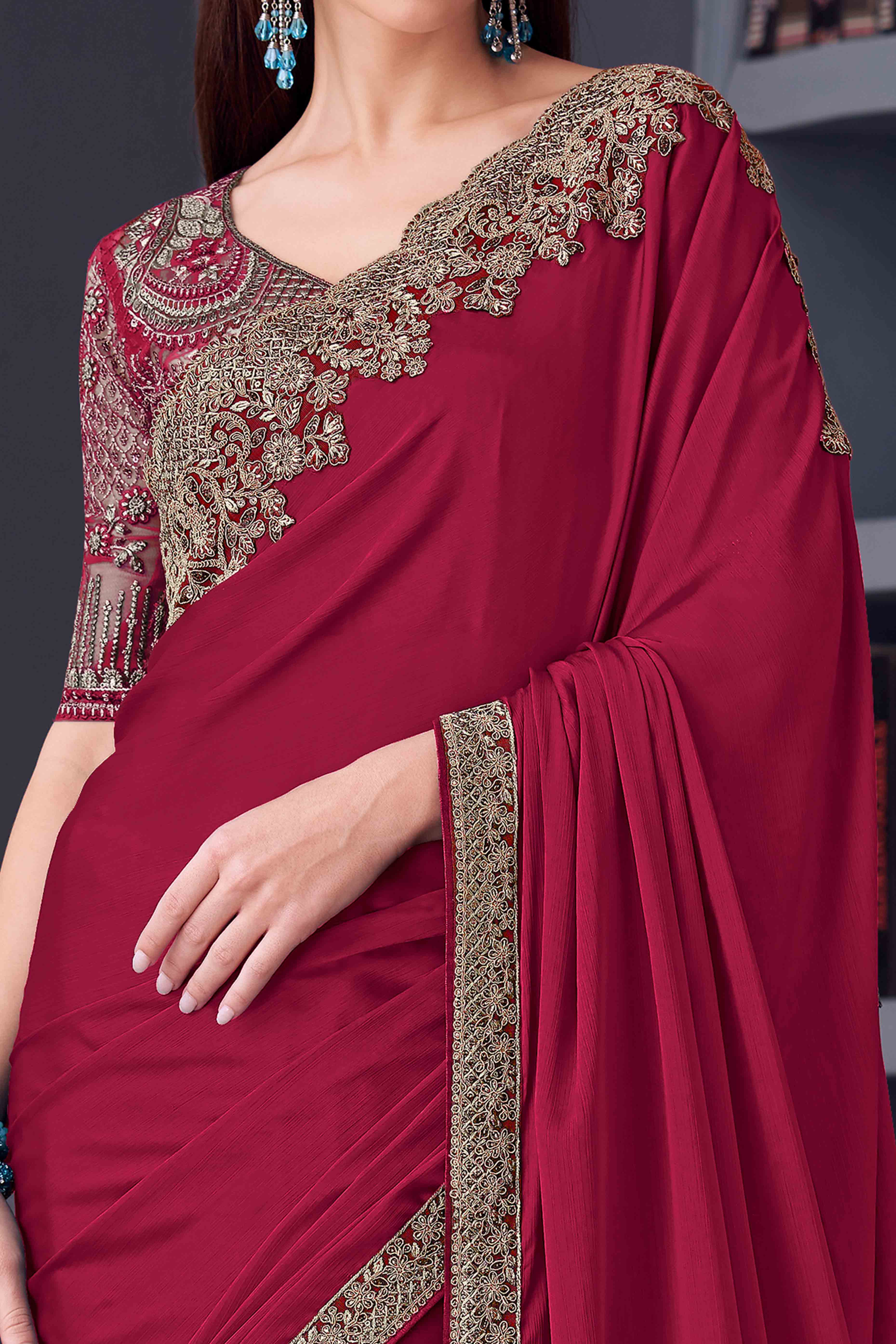 Dark Pink Chiffon Saree with Embellished Border - Image 2