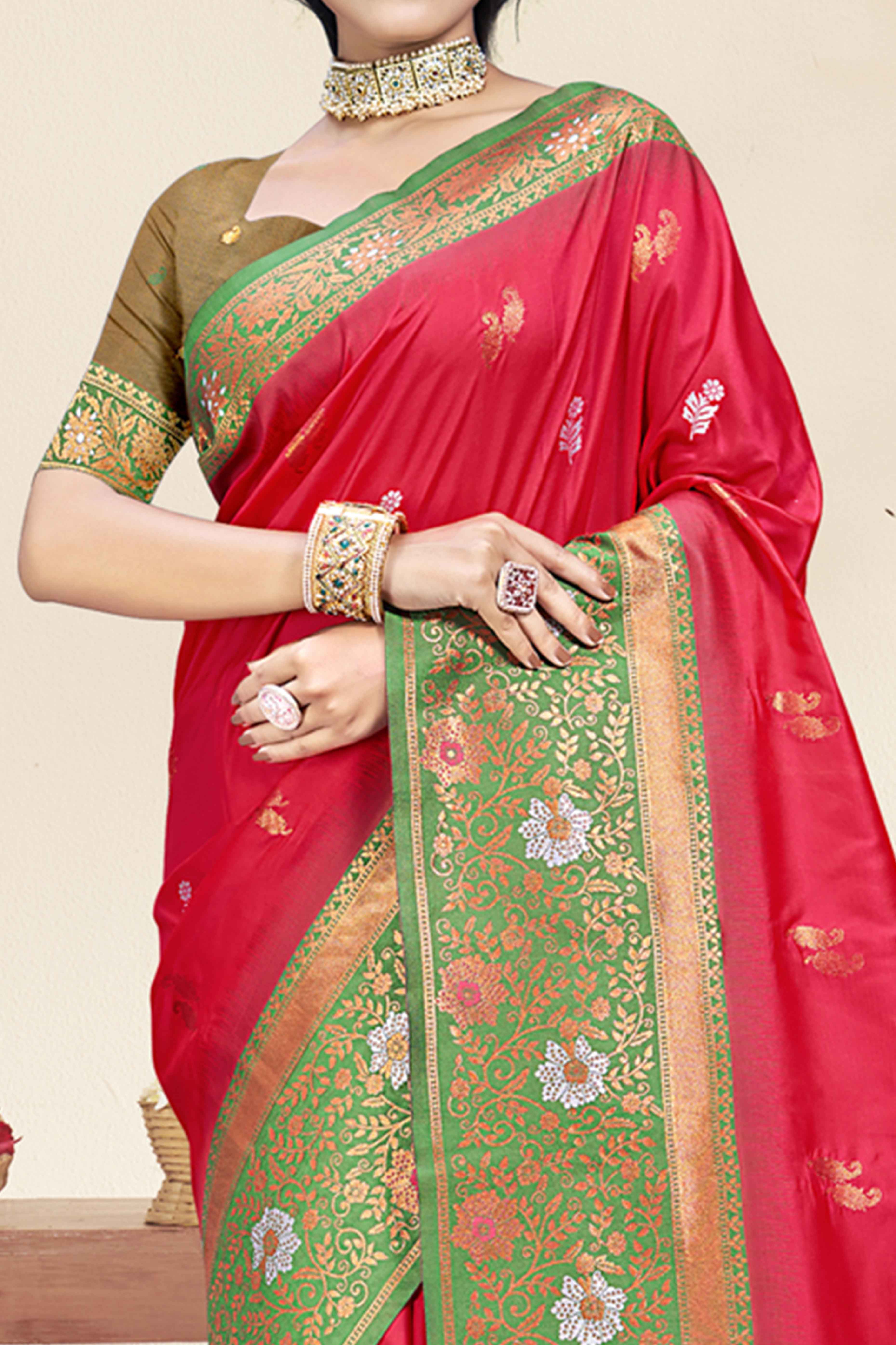 Dark Pink Floral Woven Banarasi Silk Saree - Image 2