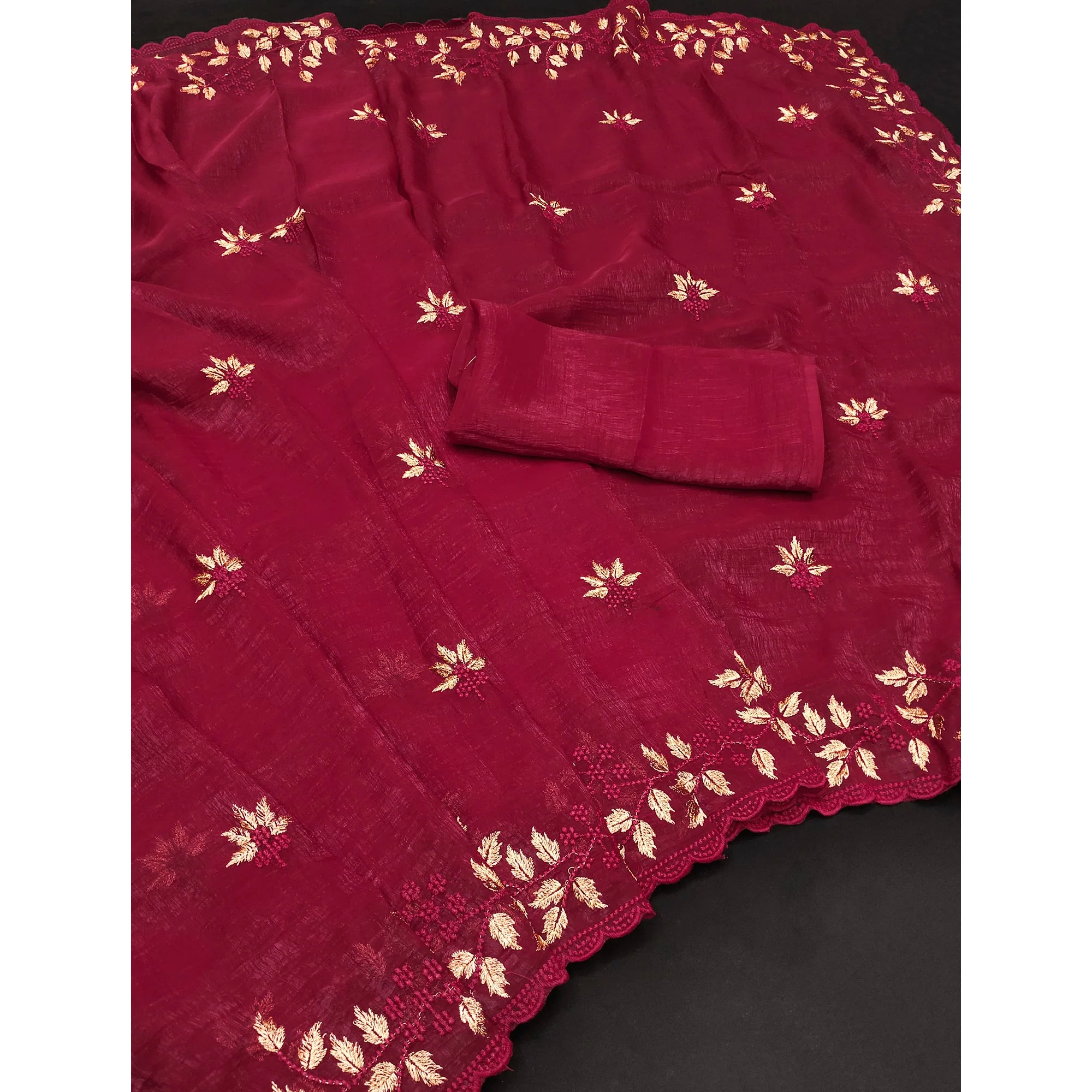 Dark Pink Sheer Organza Saree Adorned with Floral Embroidery - Image 3