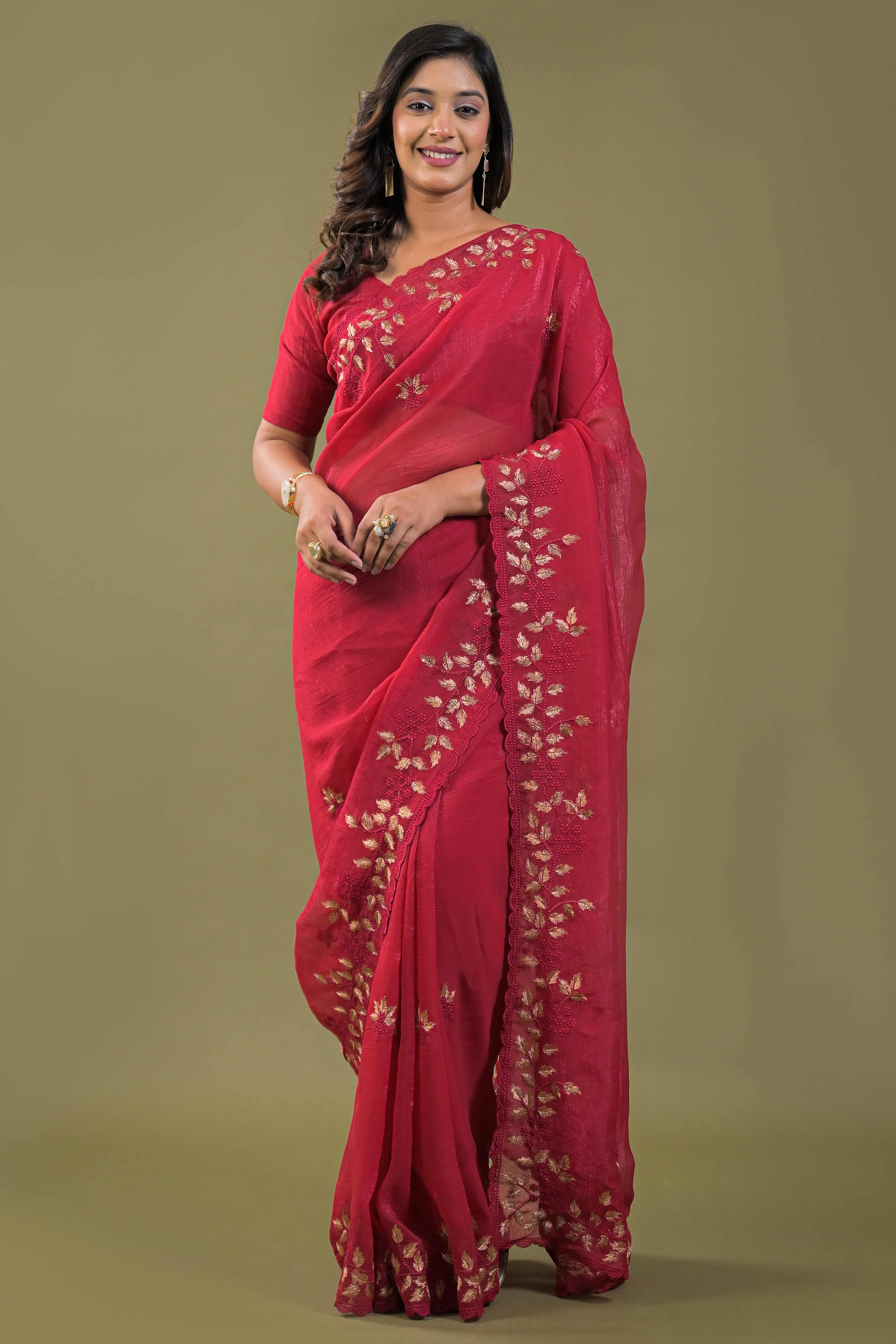 Dark Pink Sheer Organza Saree Adorned with Floral Embroidery - Image 7