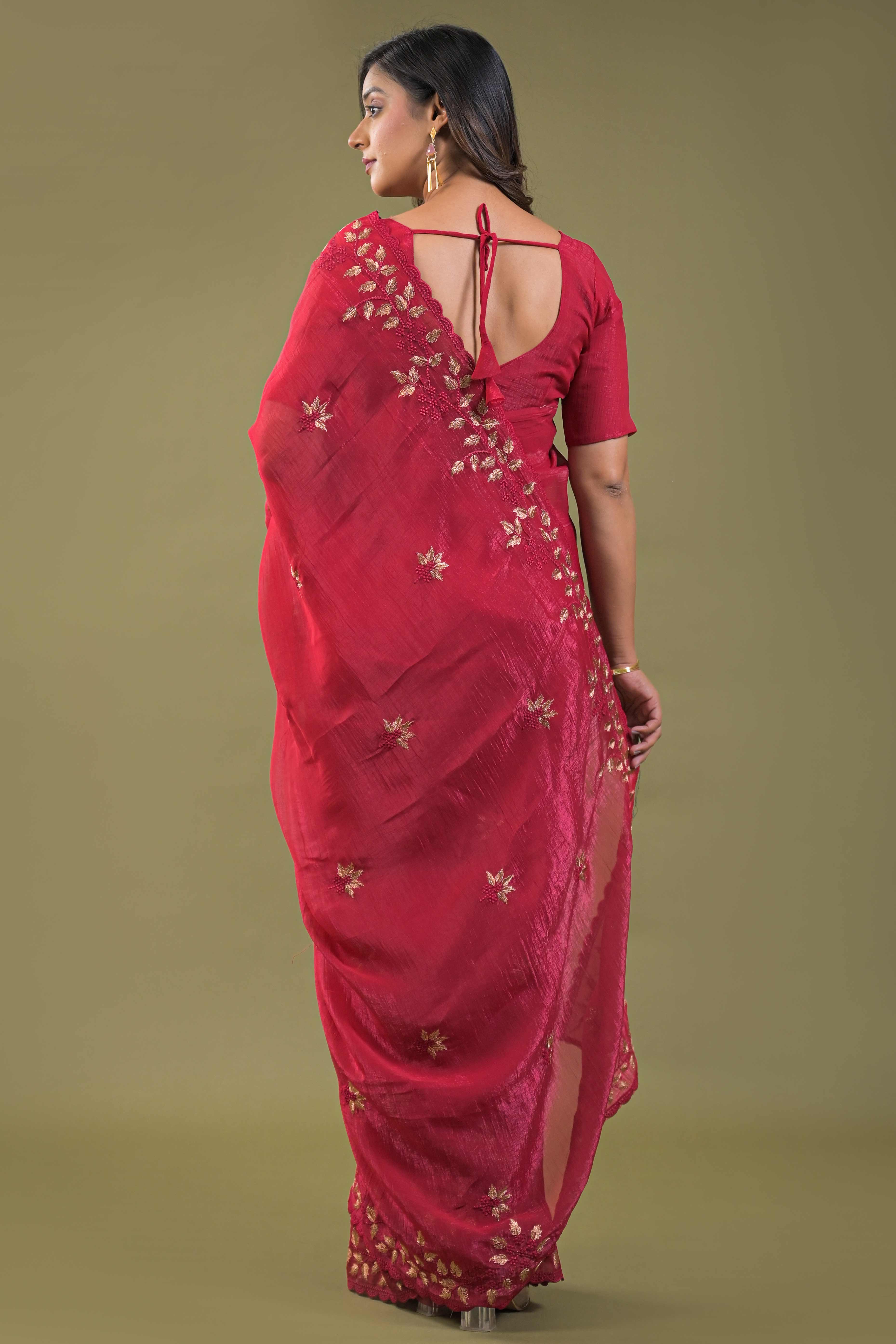 Dark Pink Sheer Organza Saree Adorned with Floral Embroidery - Image 9