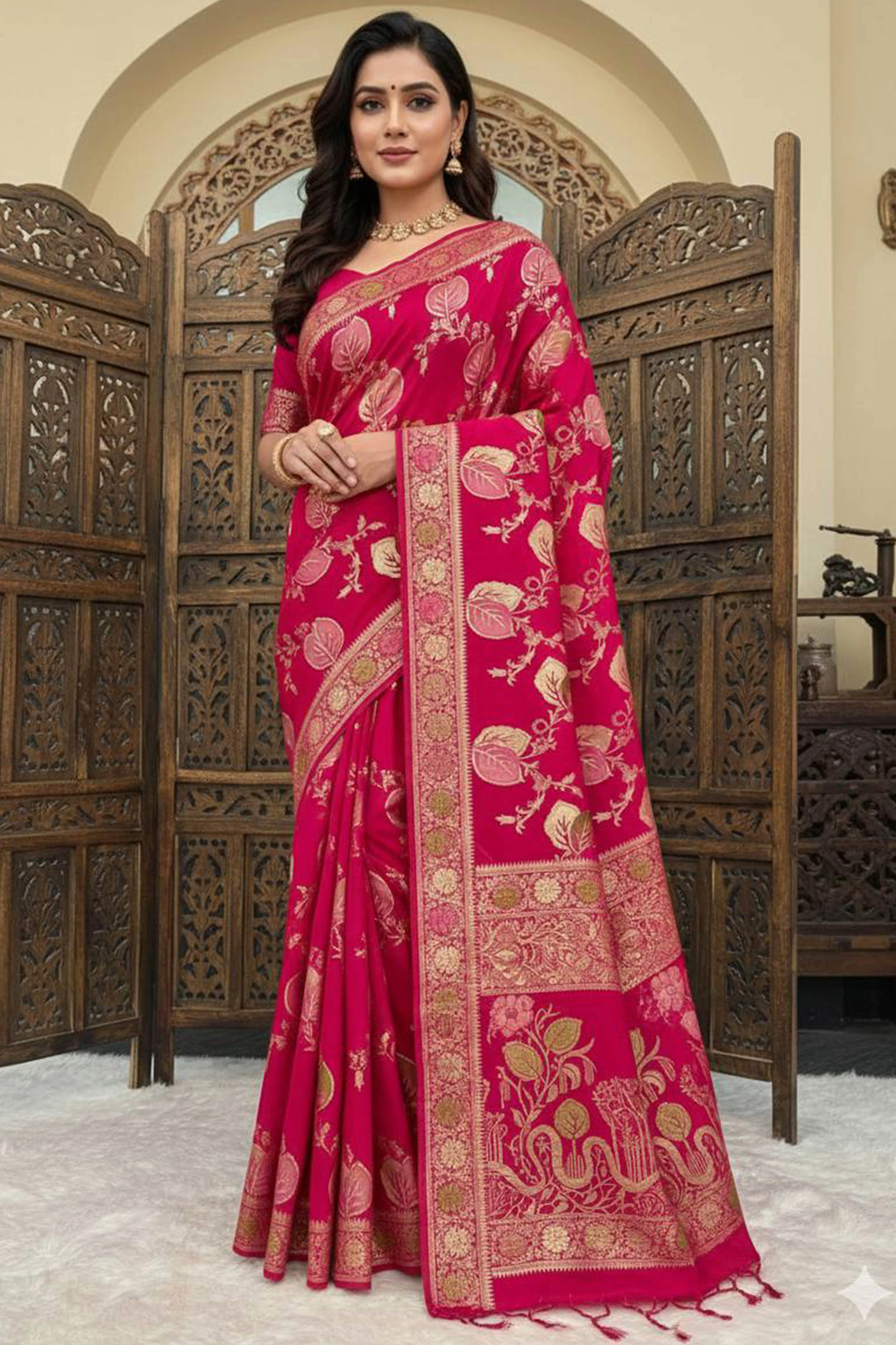 Dark Pink Soft Dola Silk Saree Adorned with Intricate Meenakari-Style Weaving - Image 3