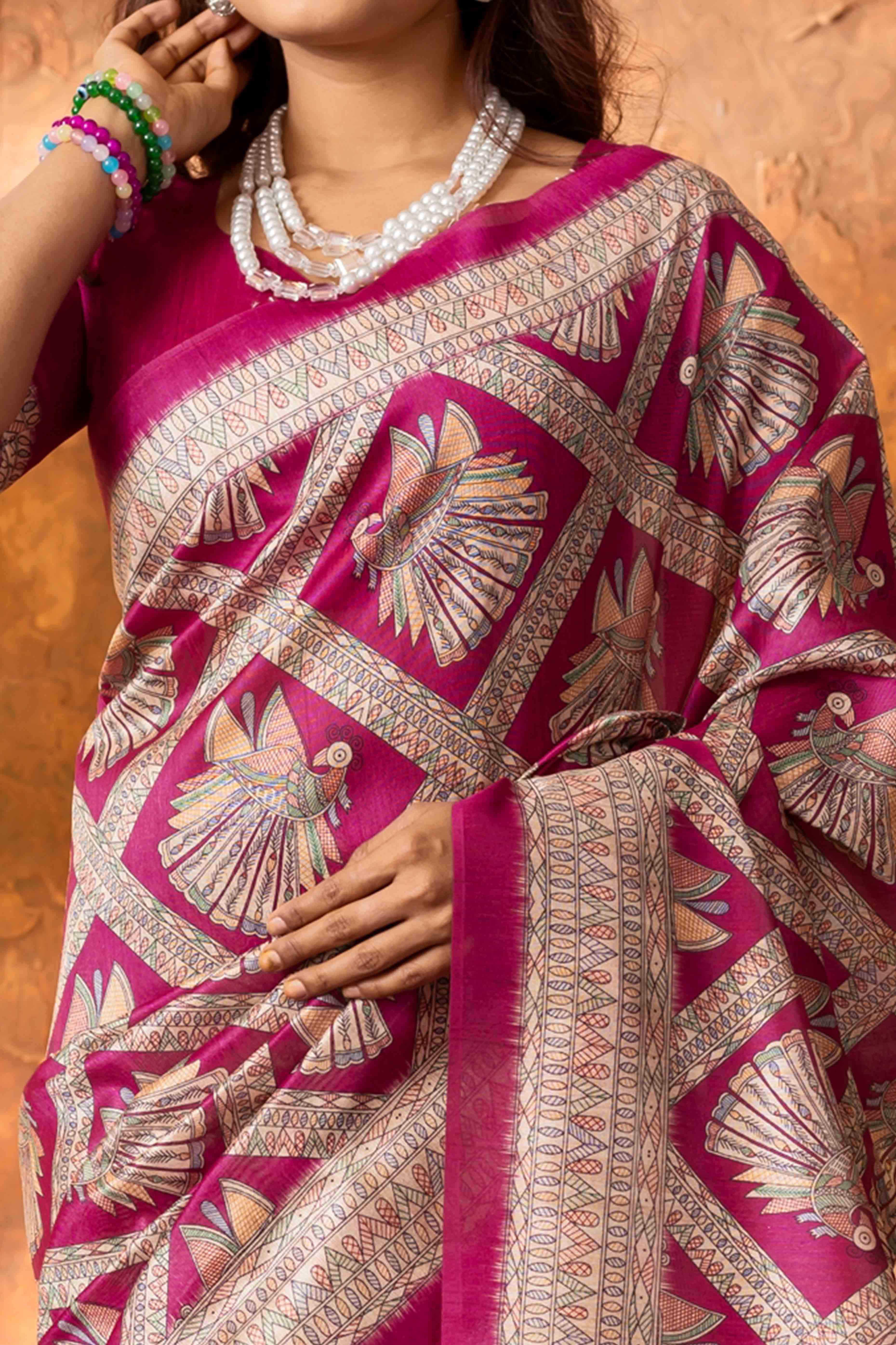 Dark Pink Tussar Silk Saree with Traditional Mughal Prints - Image 2