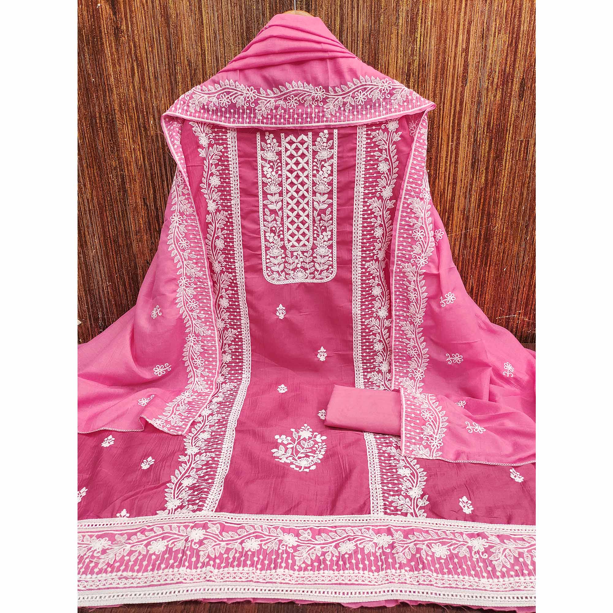Dark Pink Unstitched Suit Material in Luxurious Cotton Silk with Exquisite Floral Embroidery - Image 3