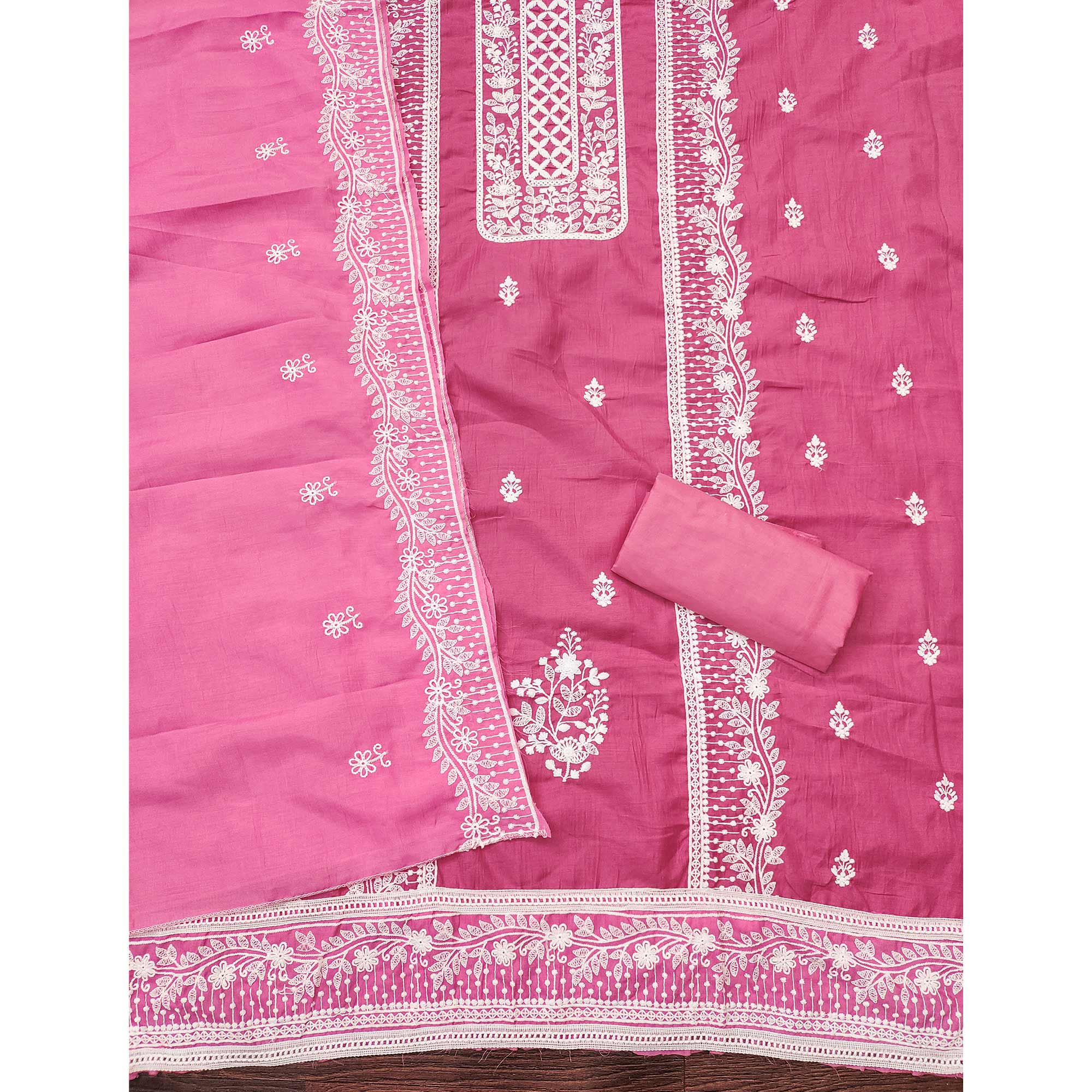 Dark Pink Unstitched Suit Material in Luxurious Cotton Silk with Exquisite Floral Embroidery - Image 4