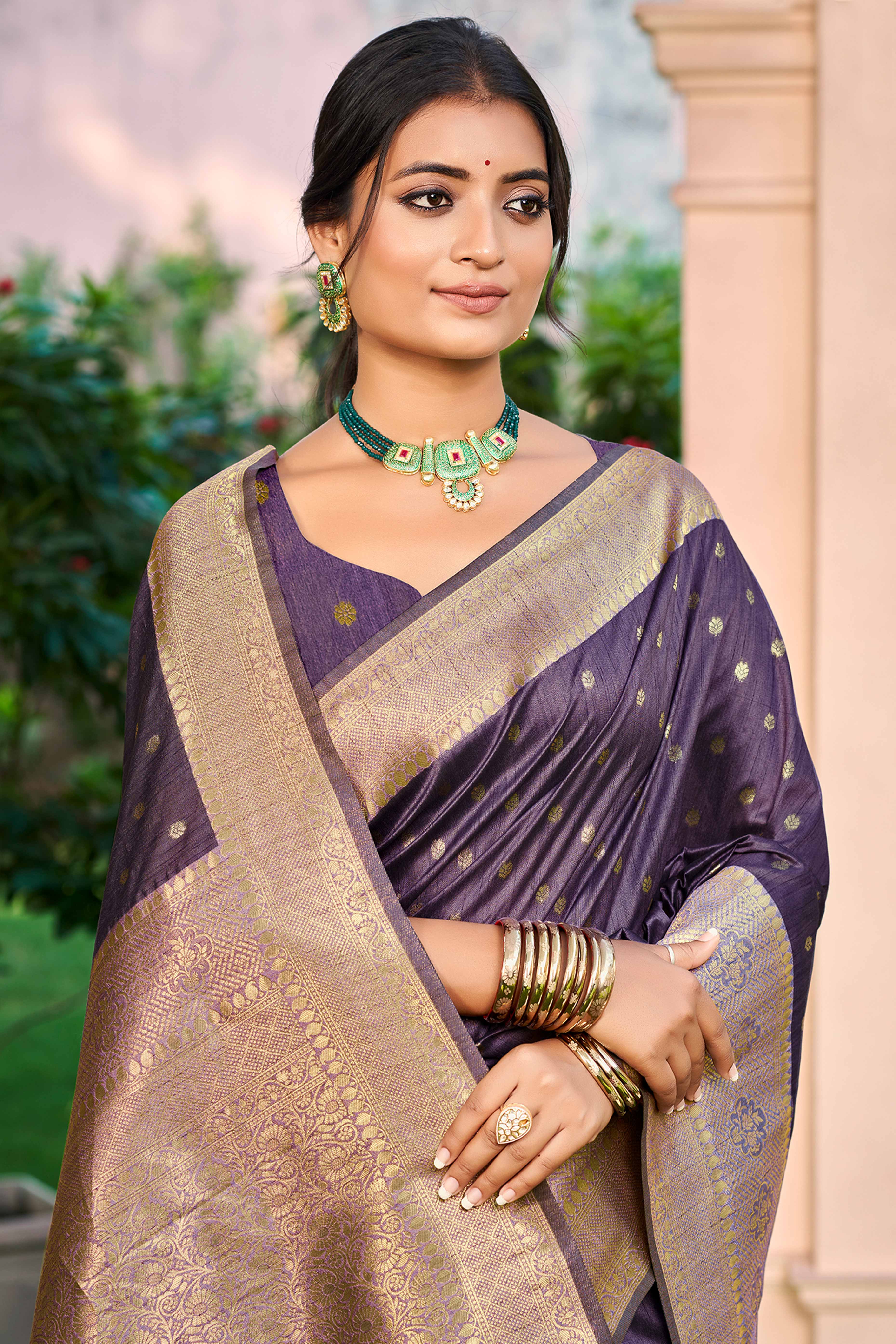 Dark Purple Assam Silk Blend Saree Adorned With Timeless Floral Zari Weaving - Image 3
