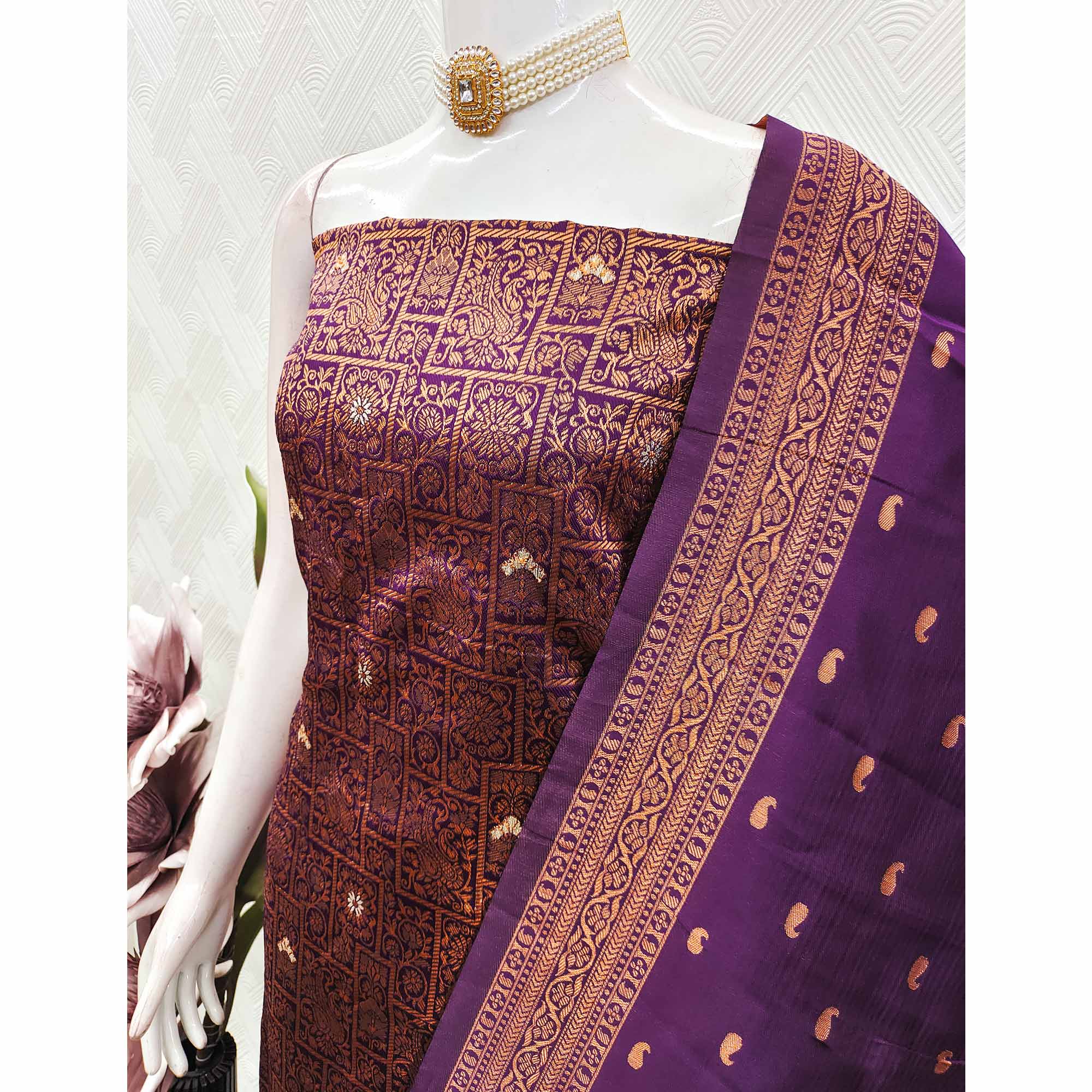 Dark Purple Banarasi Silk Dress Material With Heavy Zari Weaving - Image 4