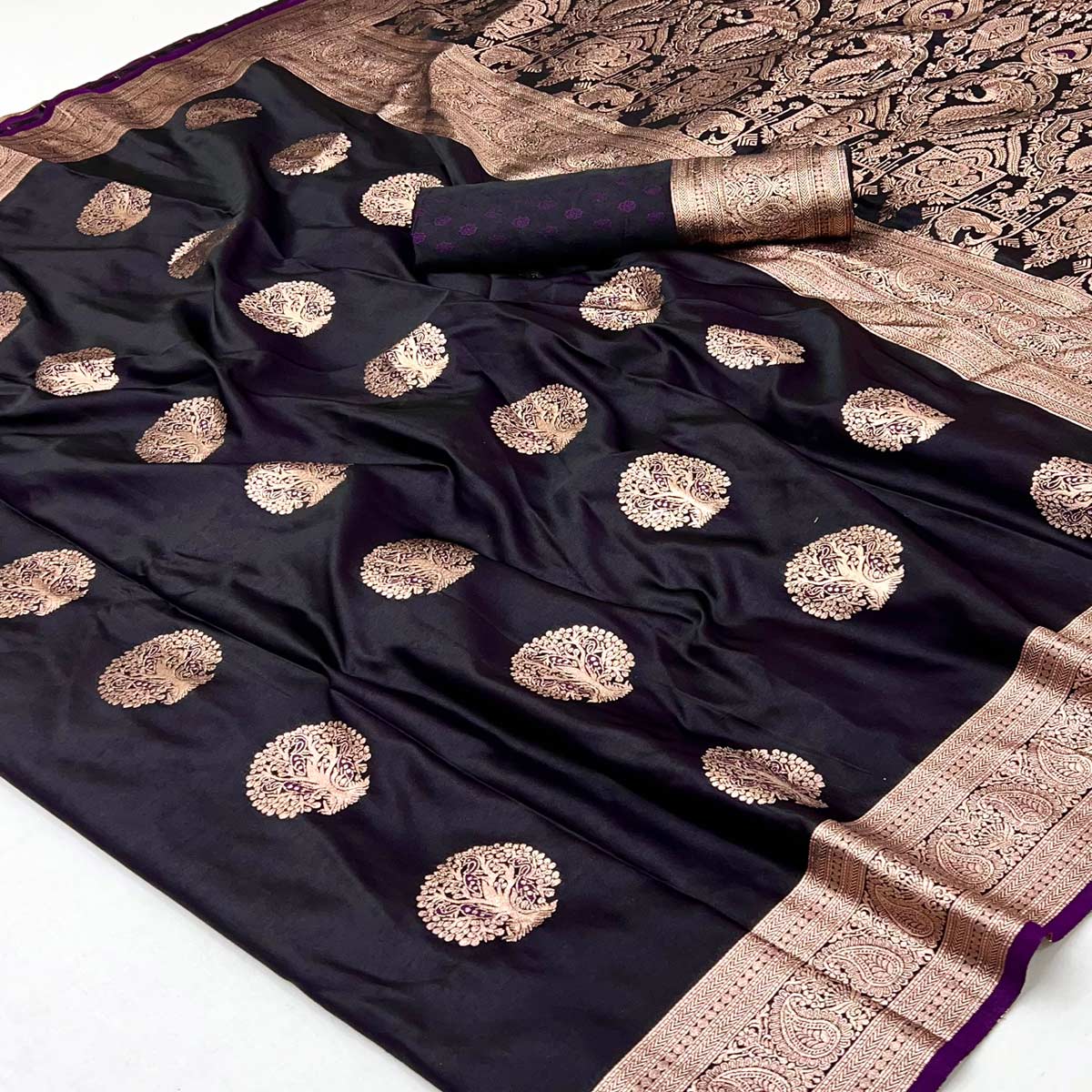 Dark Purple Classic Floral Zari Weaving Satin Silk Saree With Sophisticated Drape - Image 2
