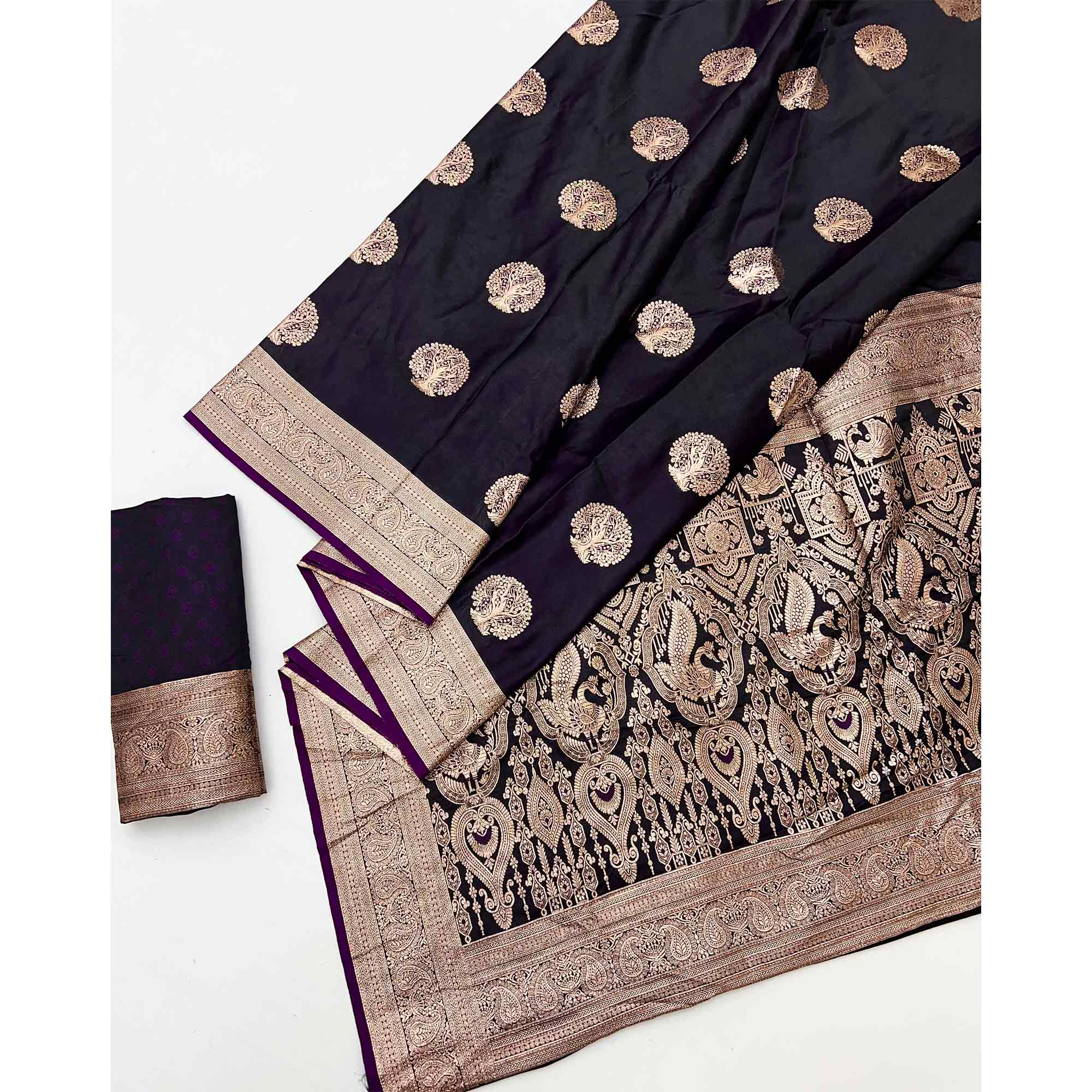 Dark Purple Classic Floral Zari Weaving Satin Silk Saree With Sophisticated Drape - Image 3