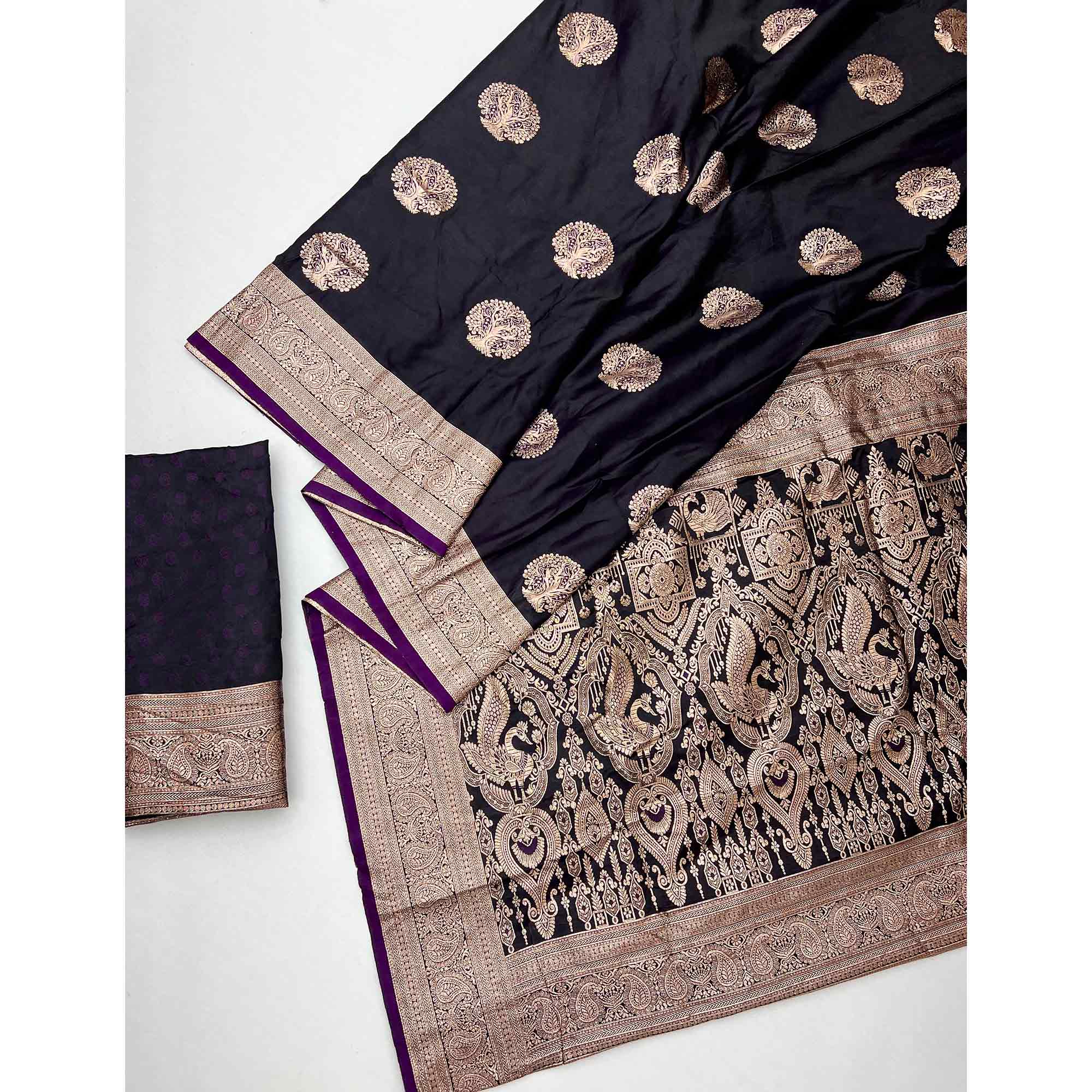 Dark Purple Classic Floral Zari Weaving Satin Silk Saree With Sophisticated Drape - Image 3