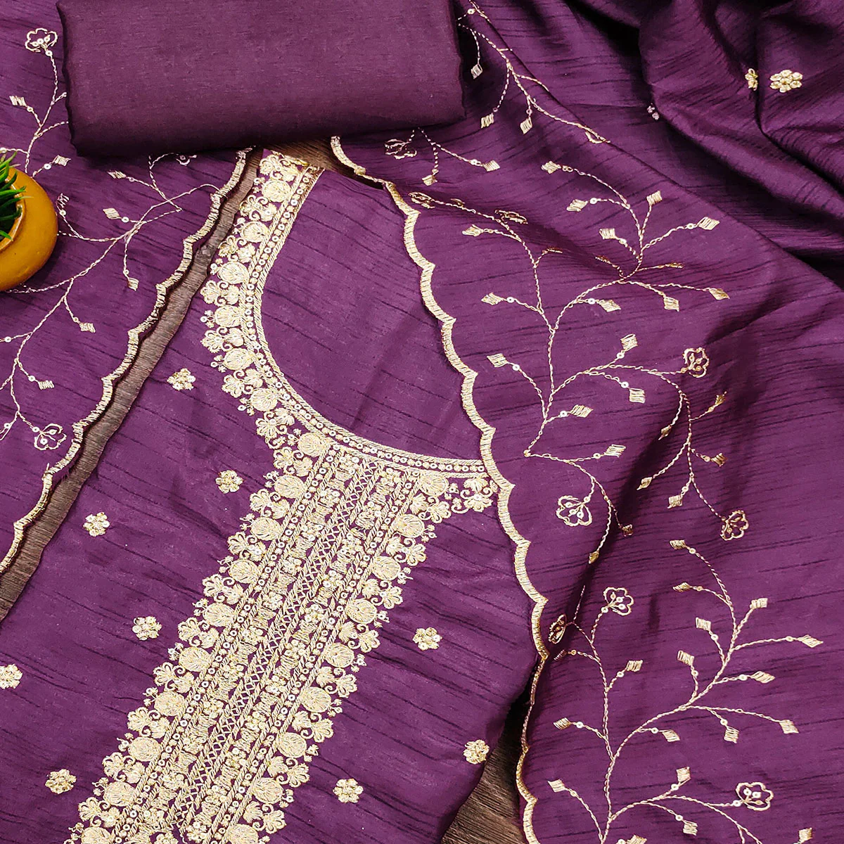 Dark Purple Cotton Silk Unstitched Dress Material Featuring Delicate Jalpari Embroidery - Image 2