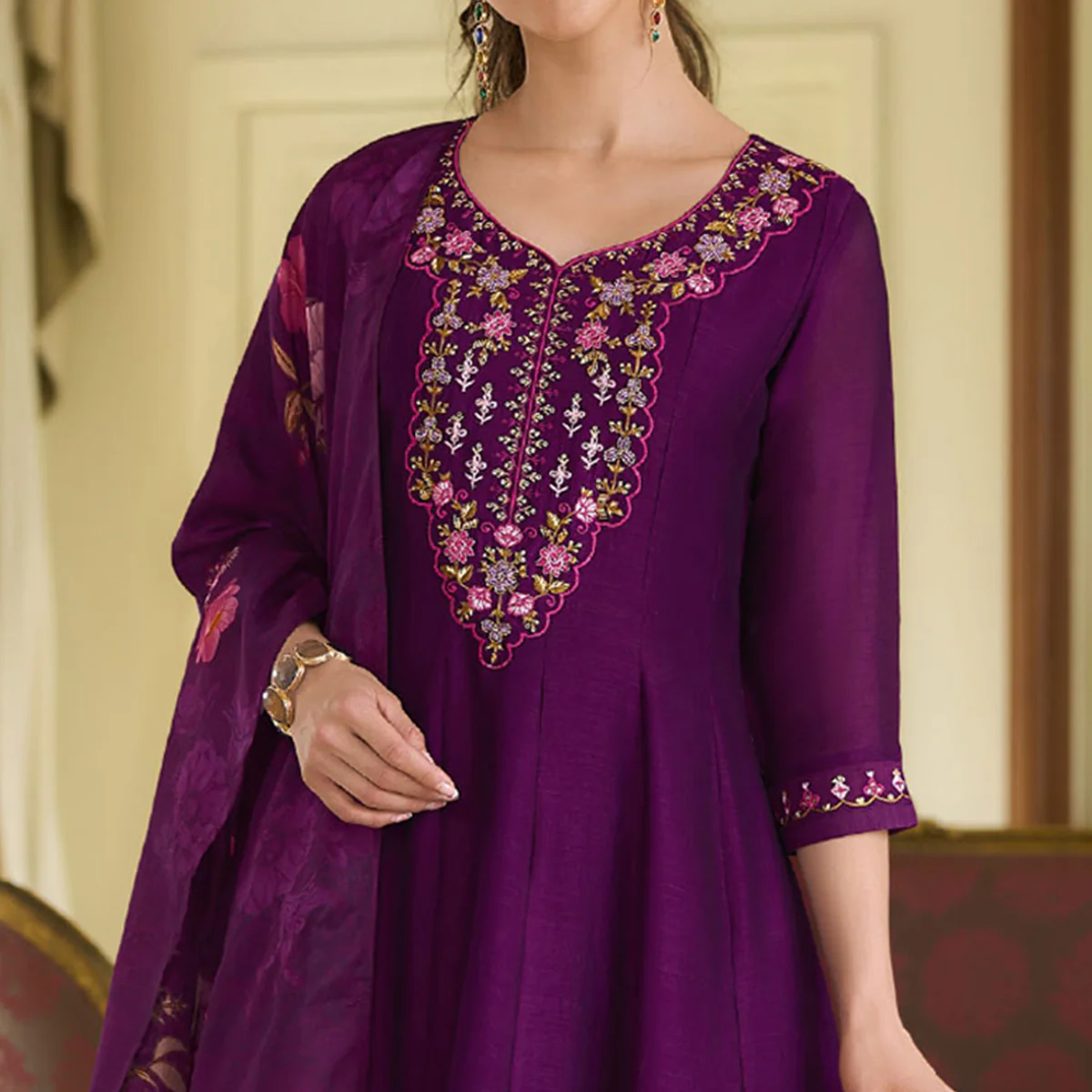 Dark Purple Embroidered Vichitra Silk Anarkali Salwar Suit - Image 3