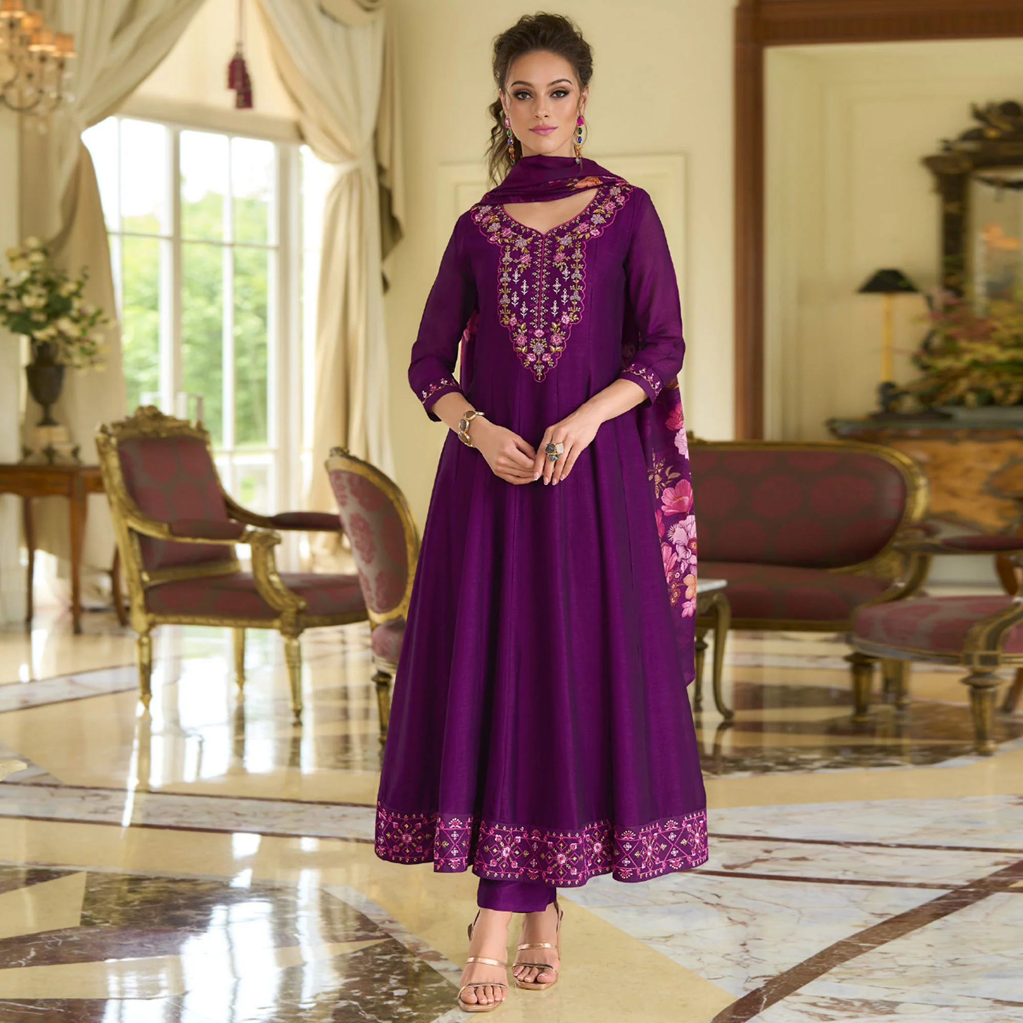 Dark Purple Embroidered Vichitra Silk Anarkali Salwar Suit - Image 4