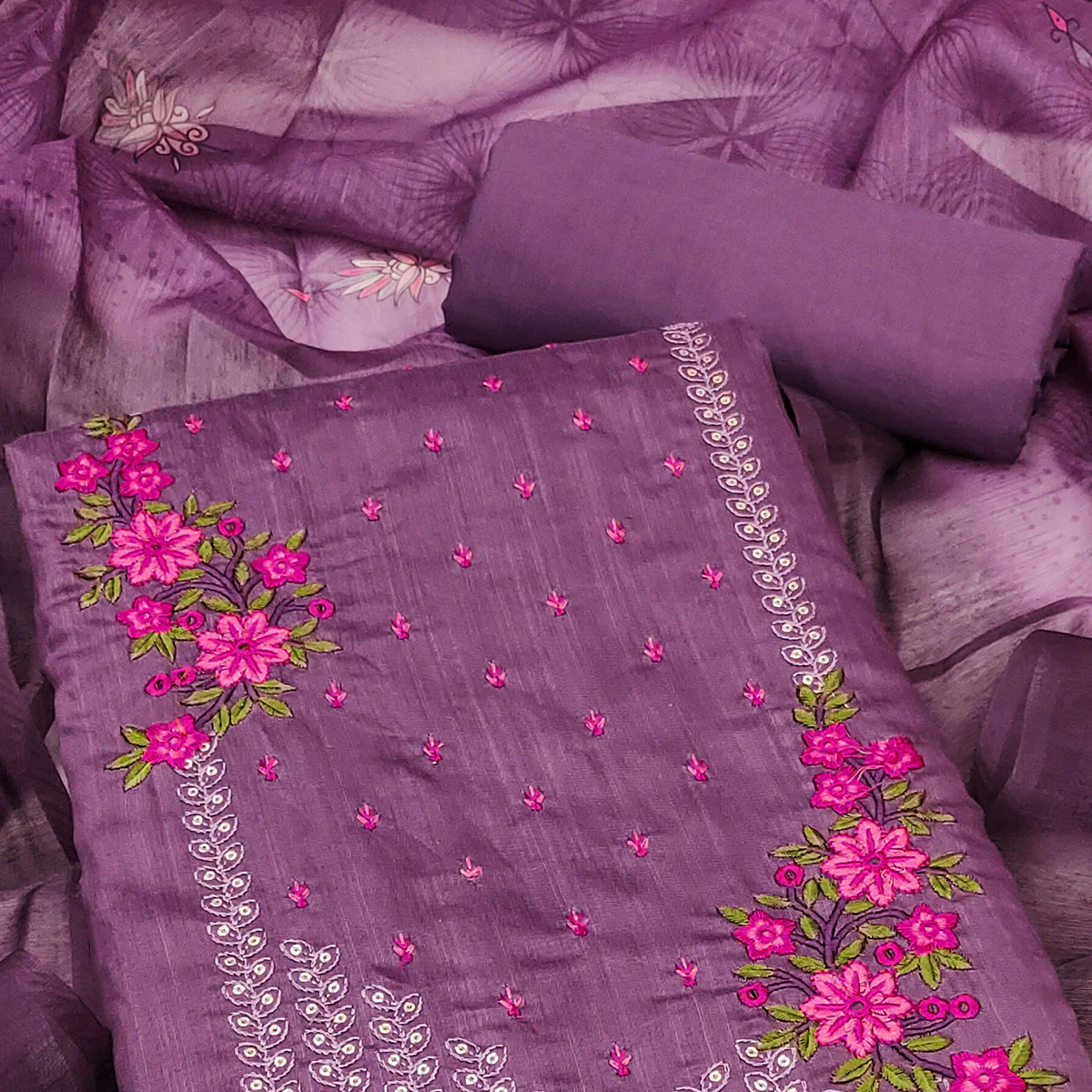 Dark Purple Floral Embroidered Cotton Blend Dress Material - Image 2