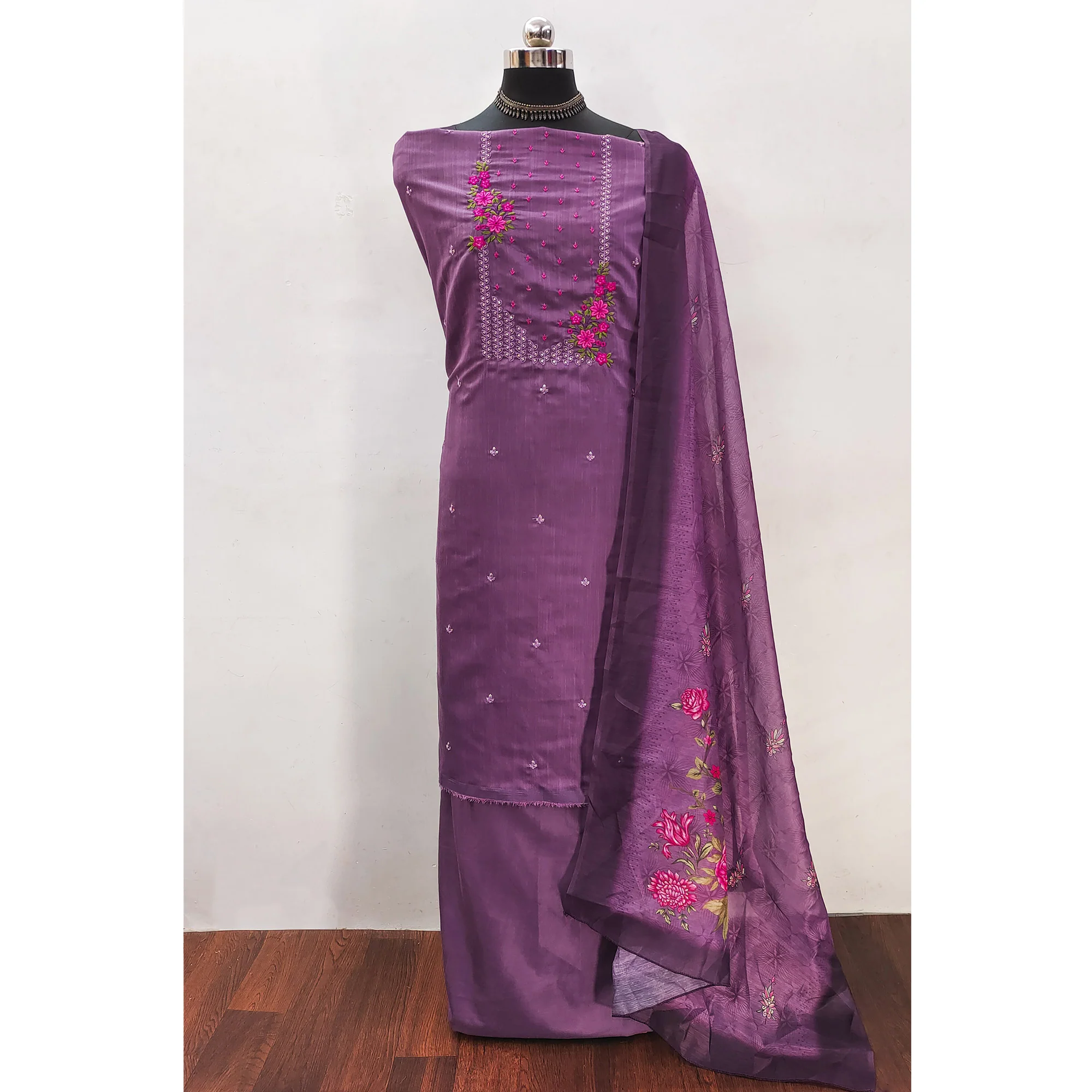 Dark Purple Floral Embroidered Cotton Blend Dress Material - Image 3