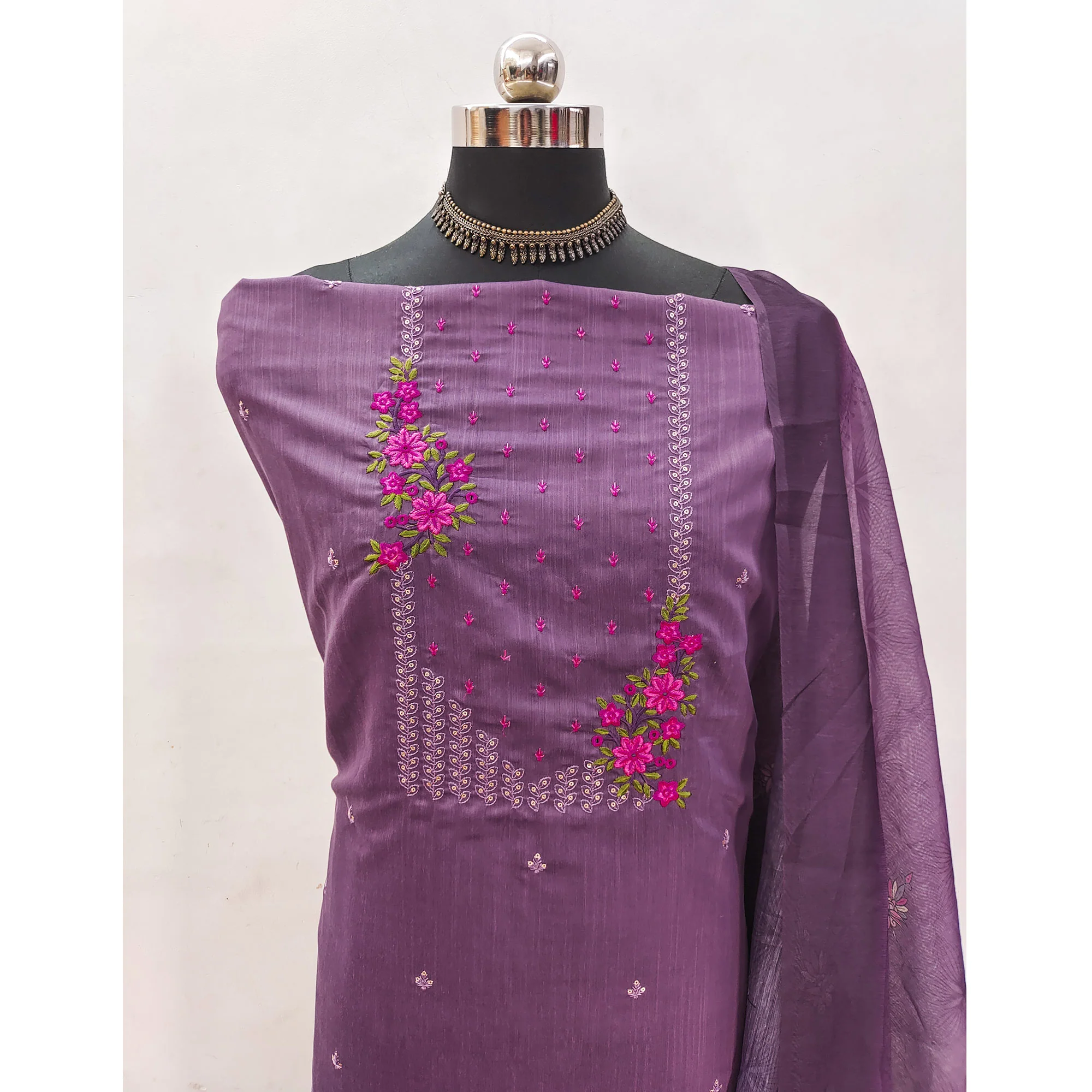 Dark Purple Floral Embroidered Cotton Blend Dress Material - Image 4