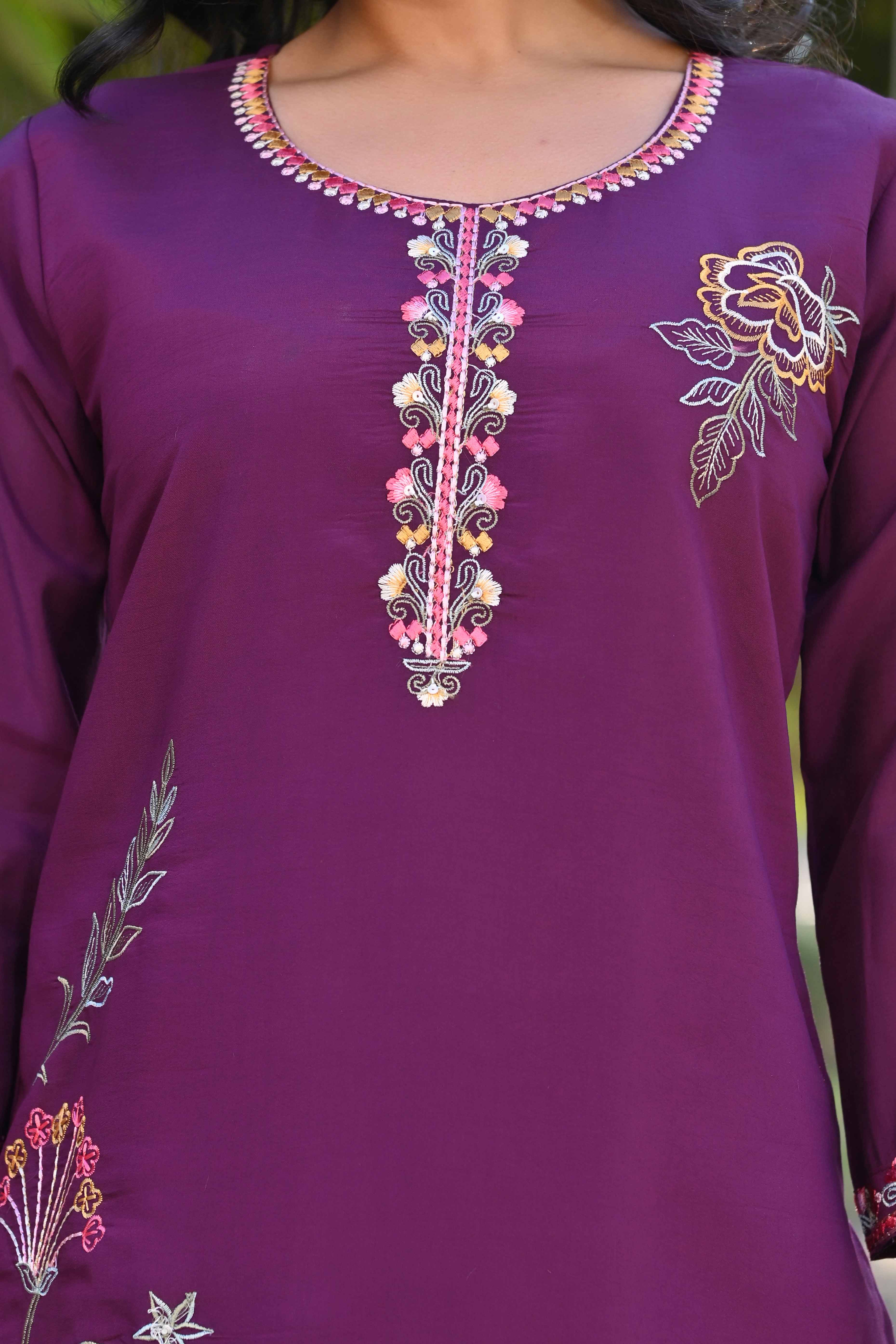 Dark Purple Floral Hand Work Viscose Straight Salwar Suit - Image 2