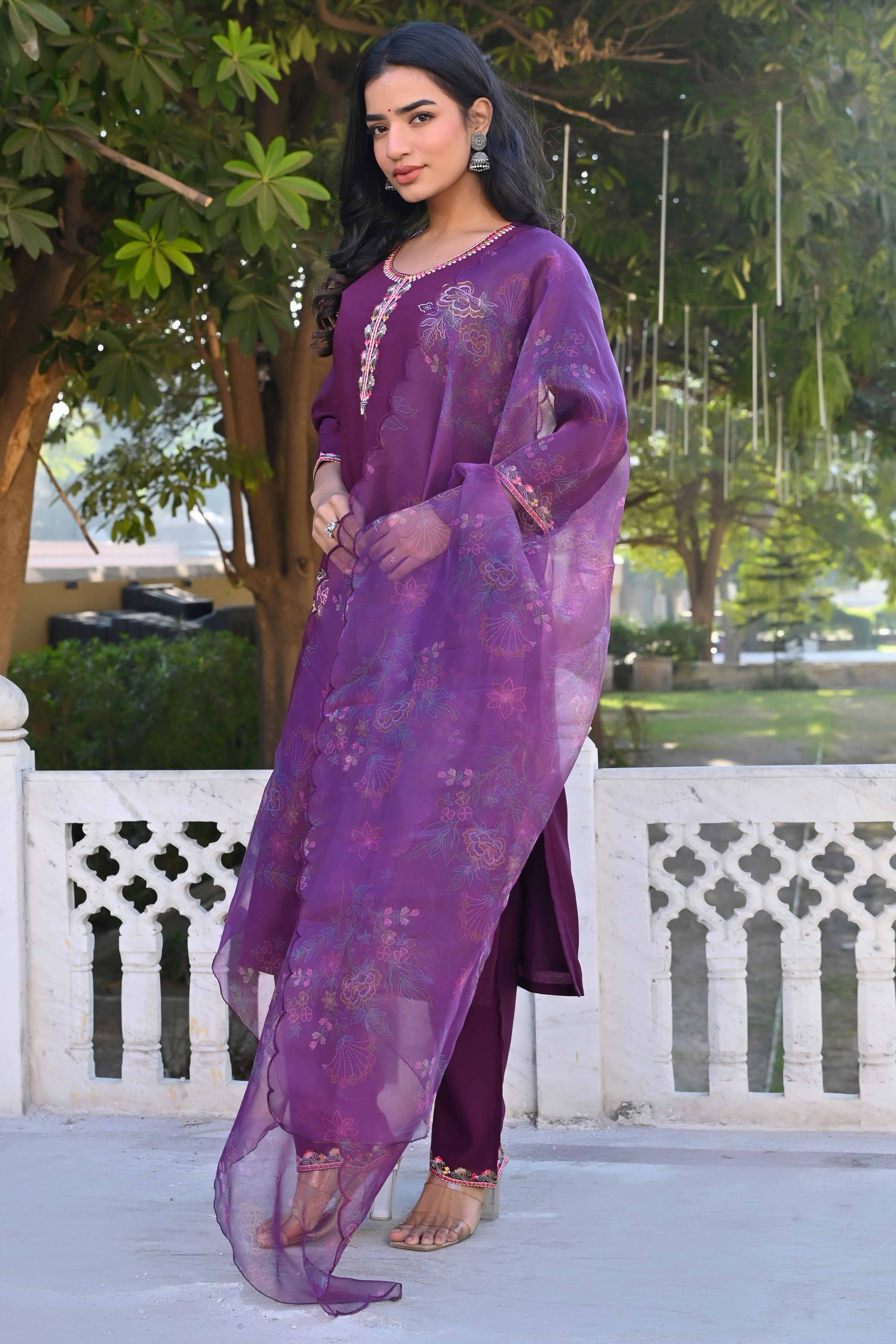 Dark Purple Floral Hand Work Viscose Straight Salwar Suit - Image 3