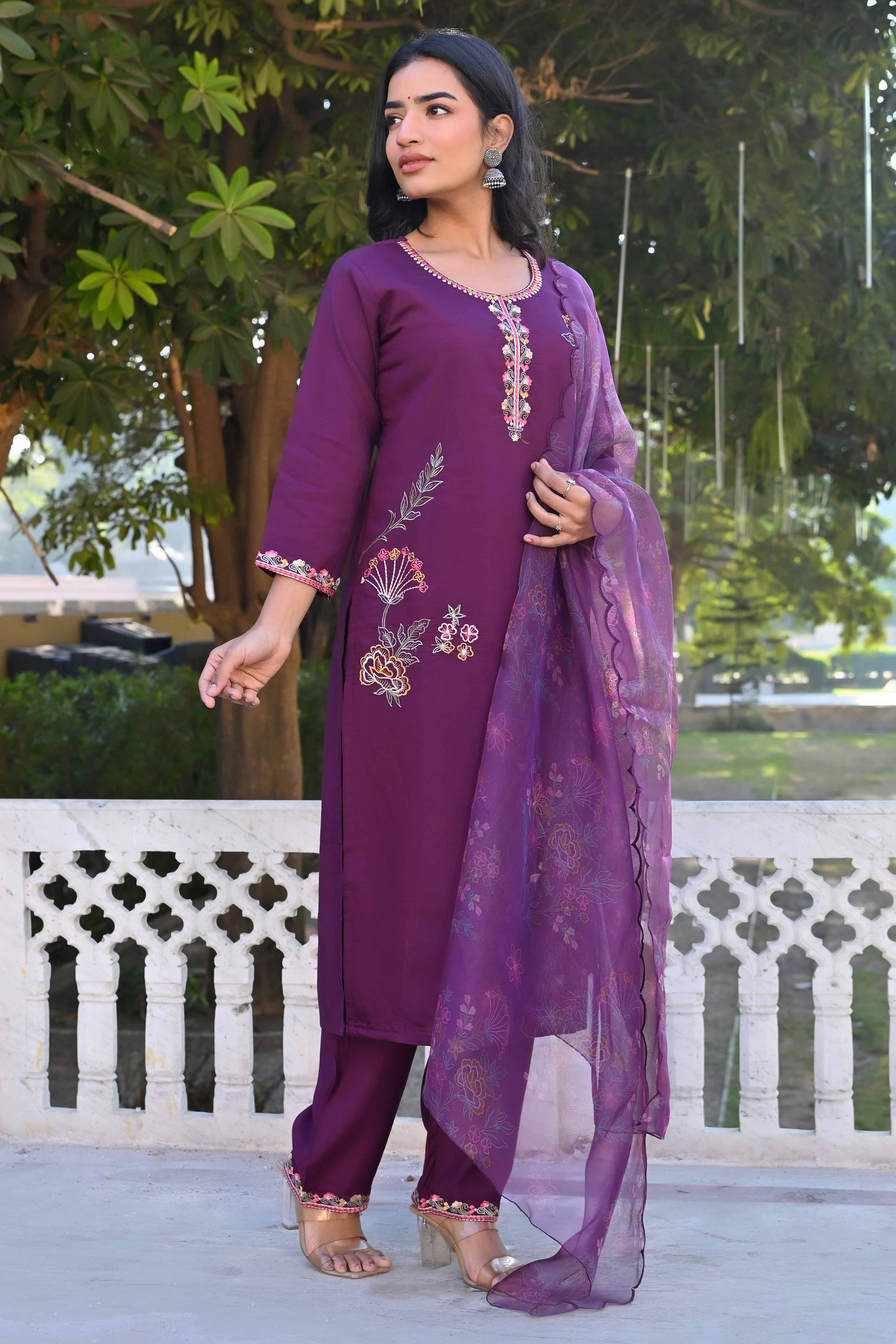 Dark Purple Floral Hand Work Viscose Straight Salwar Suit - Image 4