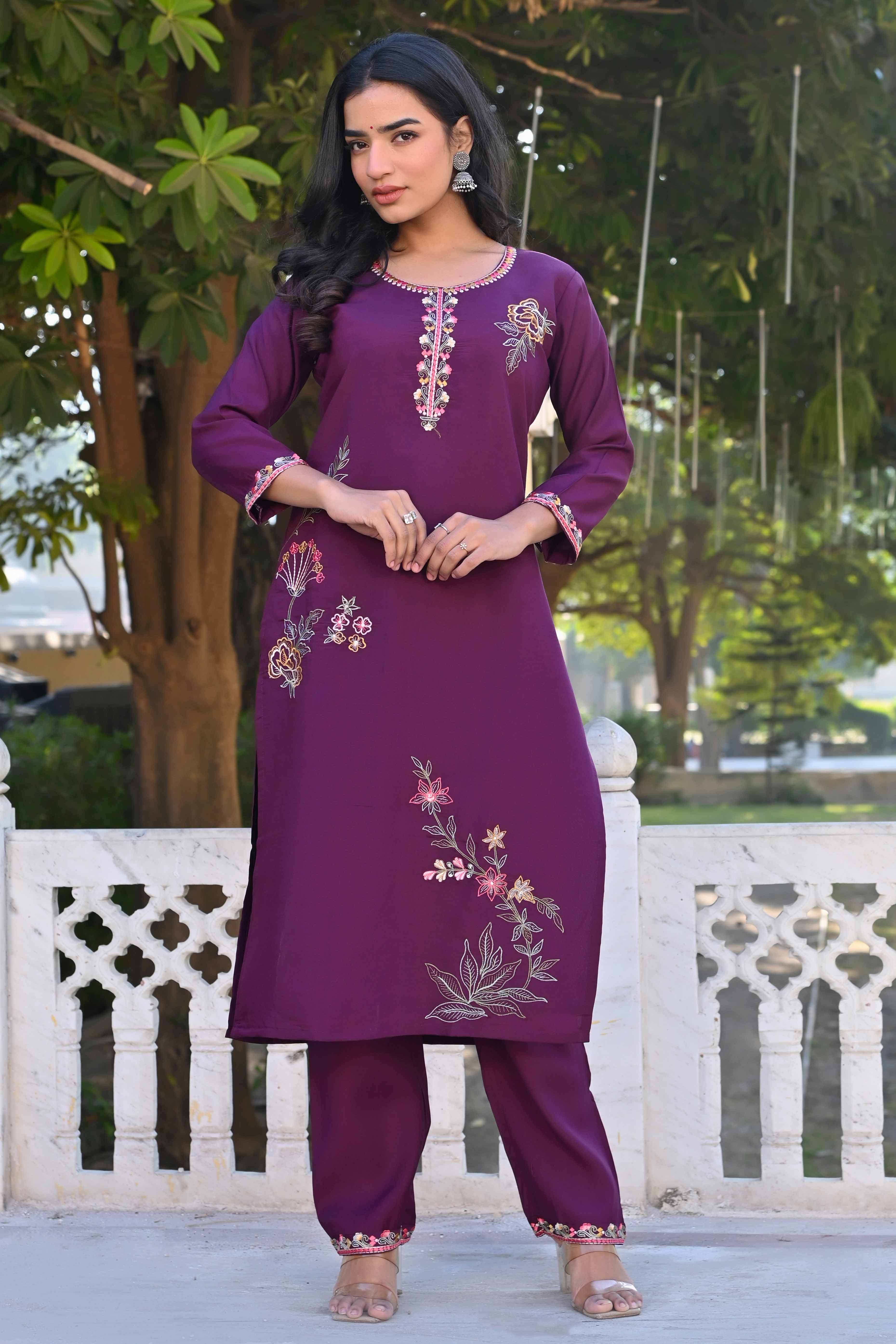 Dark Purple Floral Hand Work Viscose Straight Salwar Suit - Image 5