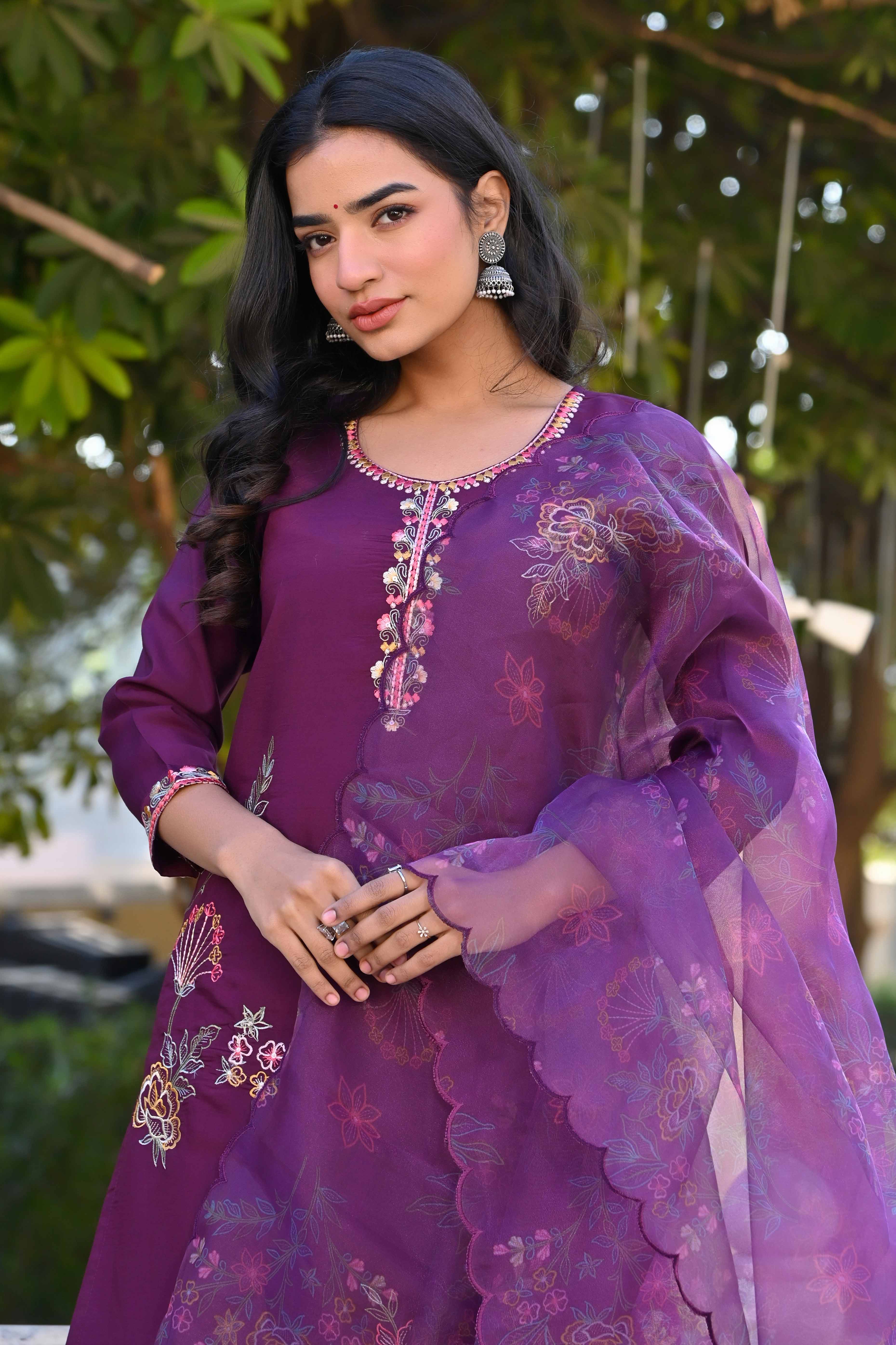 Dark Purple Floral Hand Work Viscose Straight Salwar Suit - Image 7