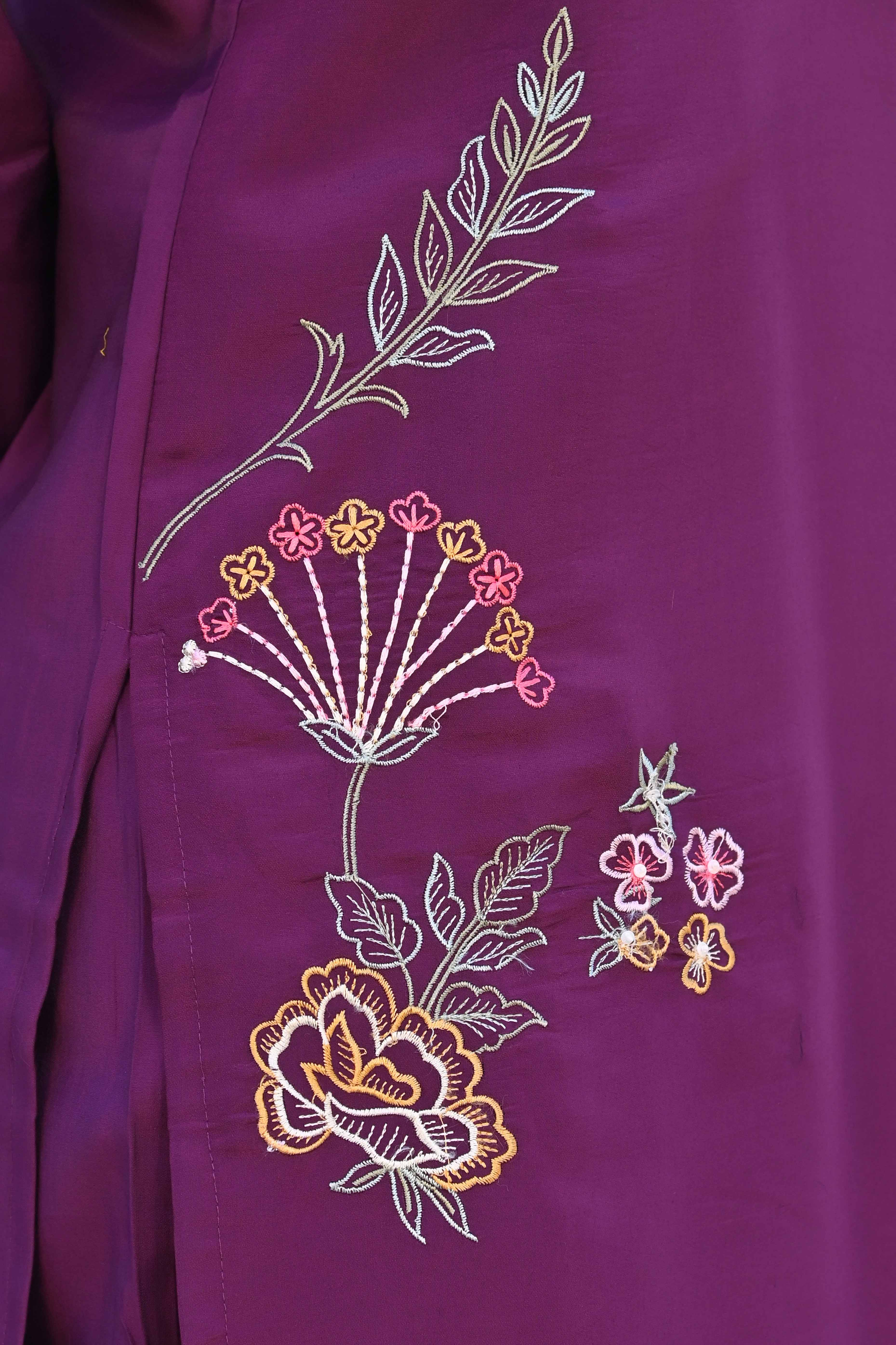 Dark Purple Floral Hand Work Viscose Straight Salwar Suit - Image 9