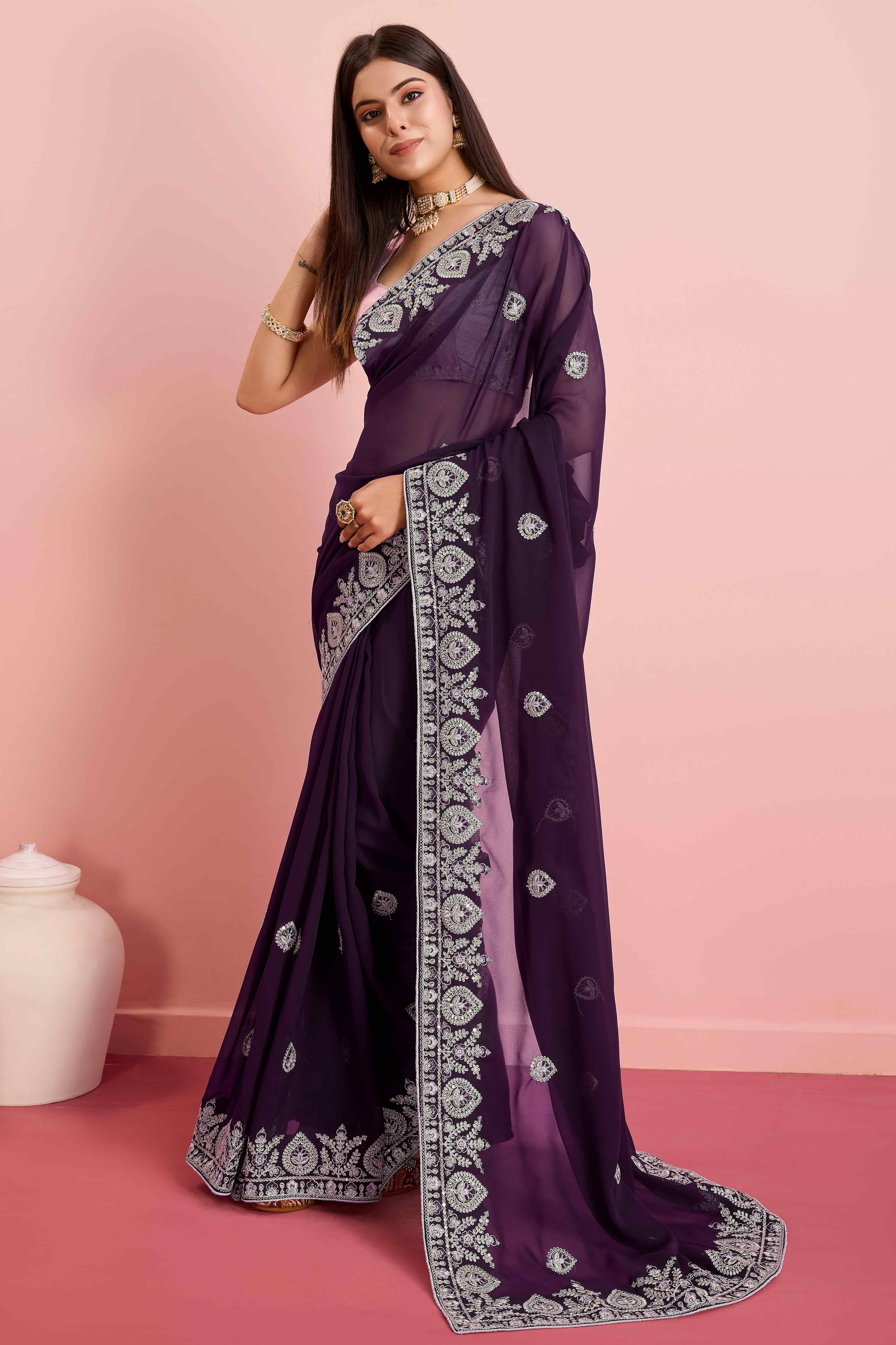Dark Purple Floral Sequins Embroidered Georgette Saree - Image 4