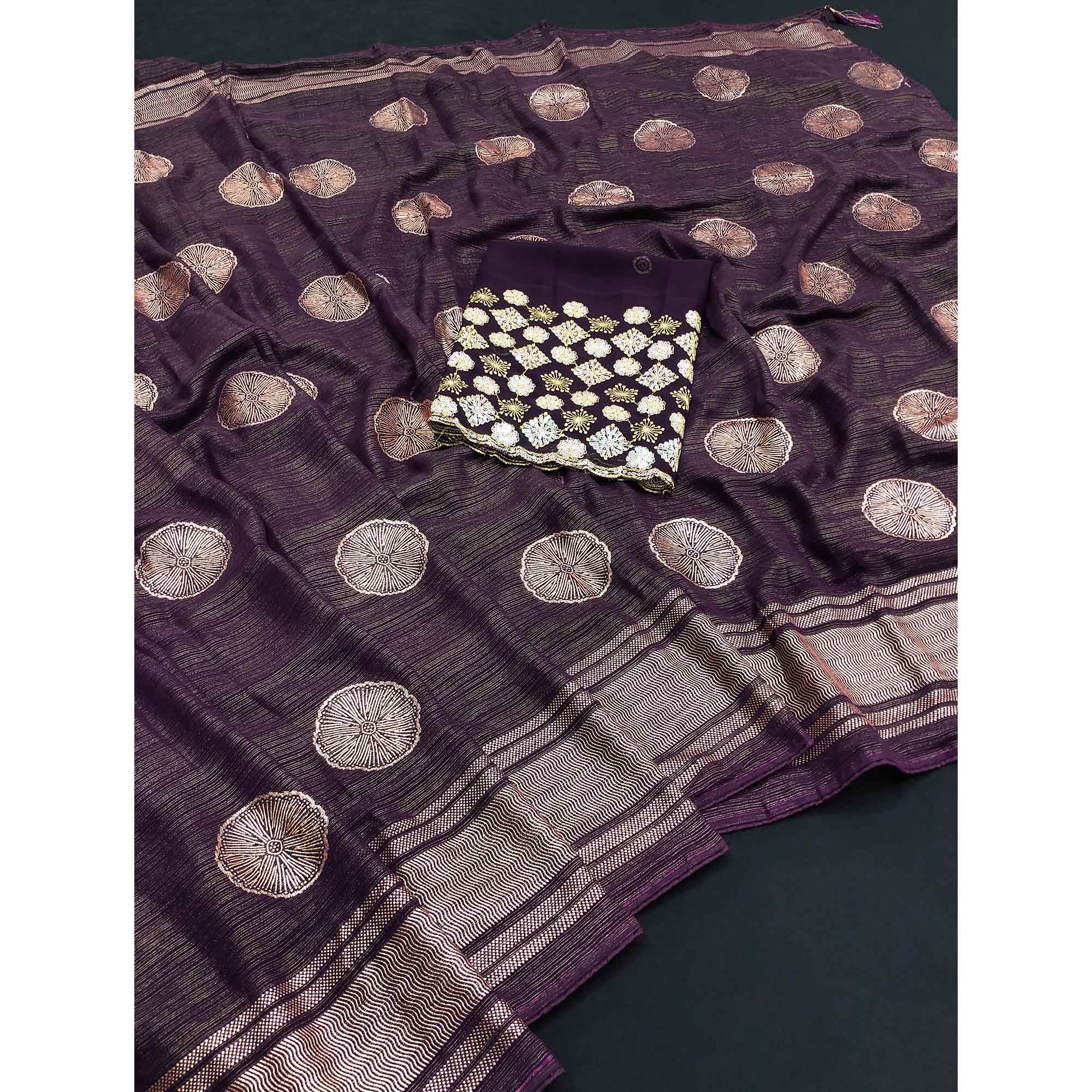 Dark Purple Foil Printed Georgette Saree - Image 3