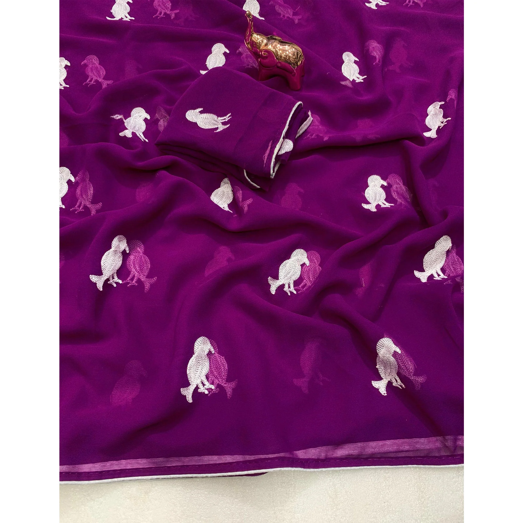 Dark Purple Georgette Saree Adorned With Elegant Bird Embroidery - Image 3