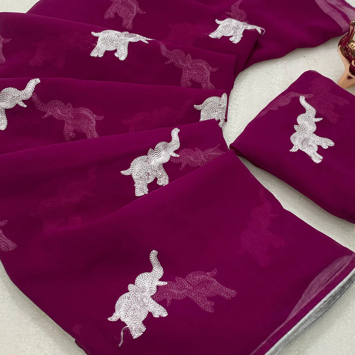 Dark Purple Georgette Saree Featuring Exquisite Elephant Embroidery - Image 2