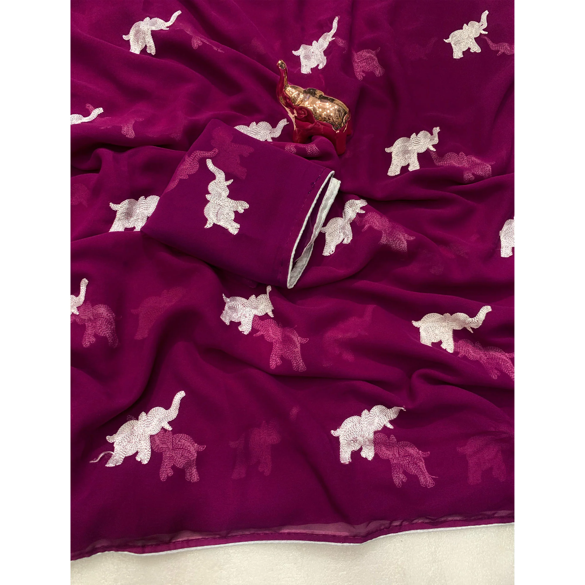 Dark Purple Georgette Saree Featuring Exquisite Elephant Embroidery - Image 3