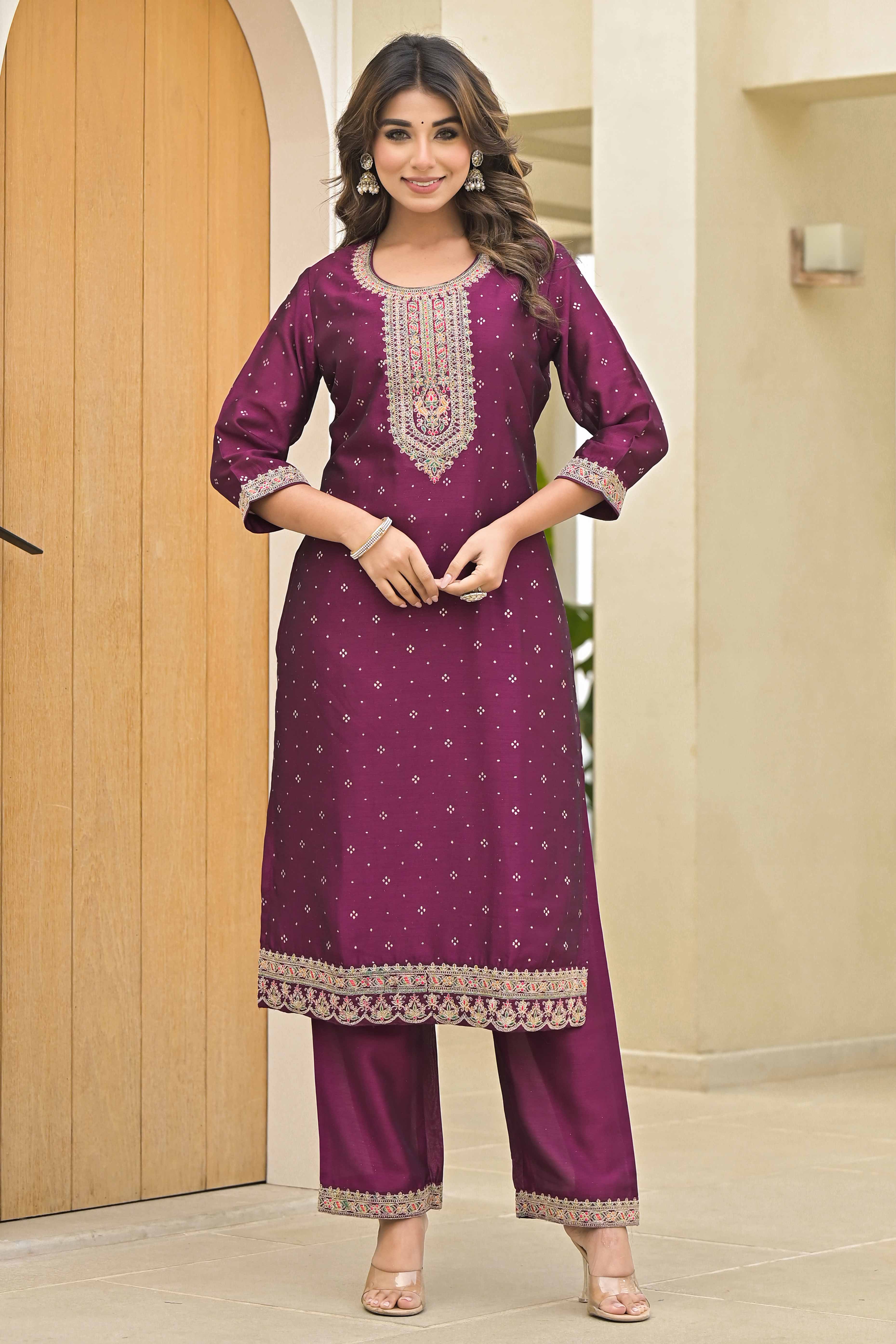 Dark Purple Golden Embroidered Vichitra Silk Salwar Suit - Image 6