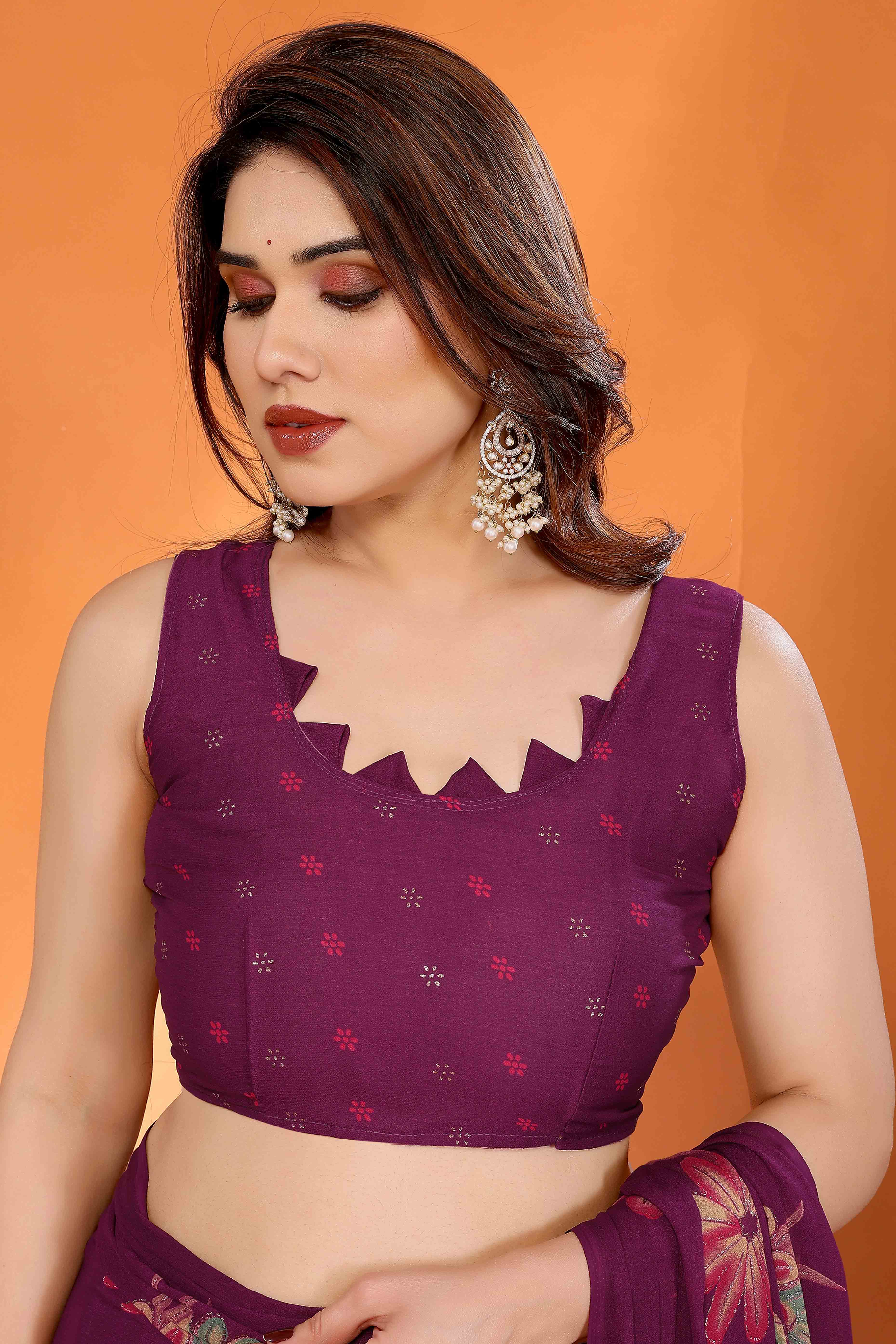 Dark Purple Printed Saree with Zari Woven Charm in Satin Fabric - Image 7
