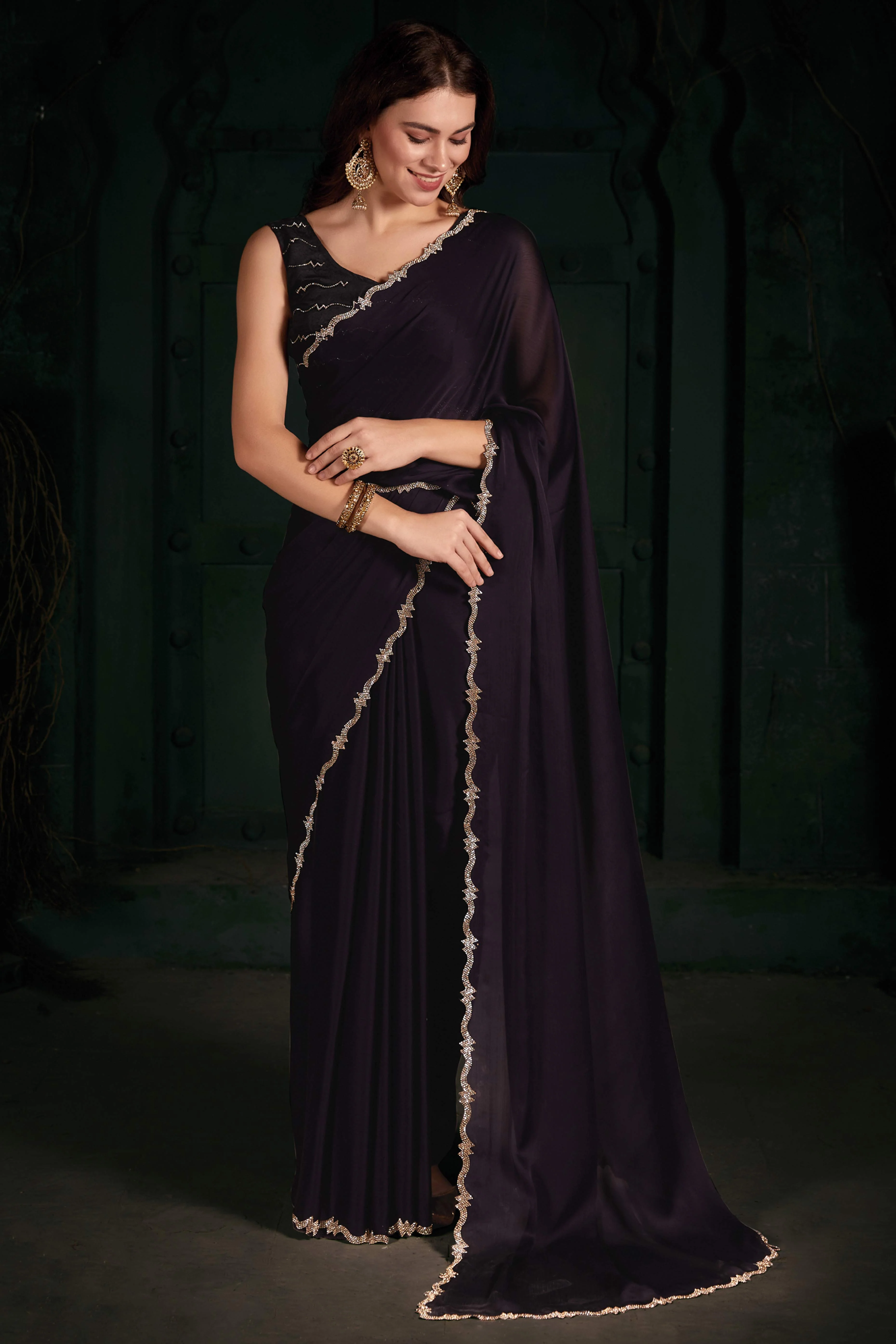 Dark Purple Solid With Zarkan Cutwork Border Chiffon Saree With Belt
