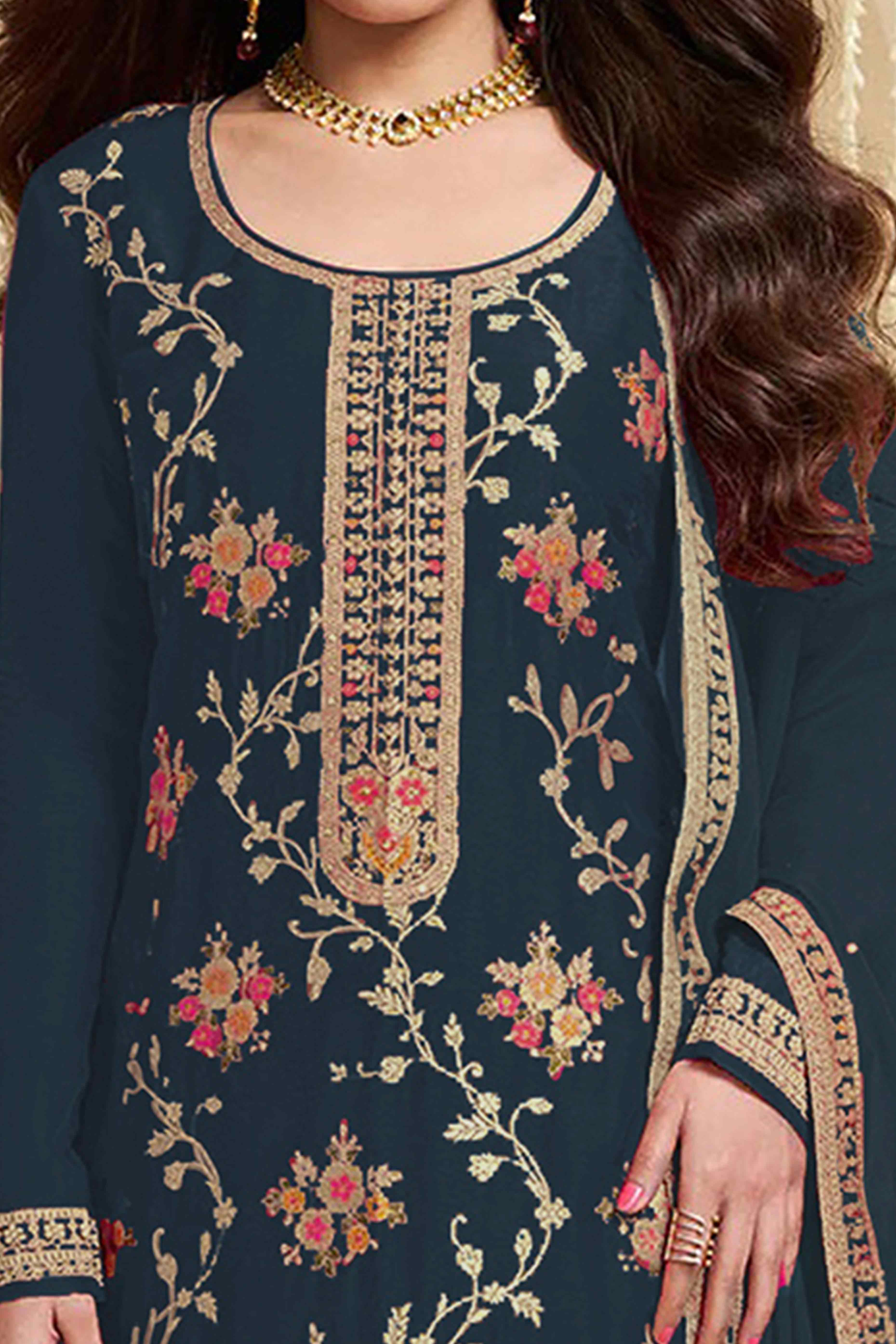 Dark Rama Blue Floral Woven With Embroidered Viscose Semi Stitched Suit - Image 2