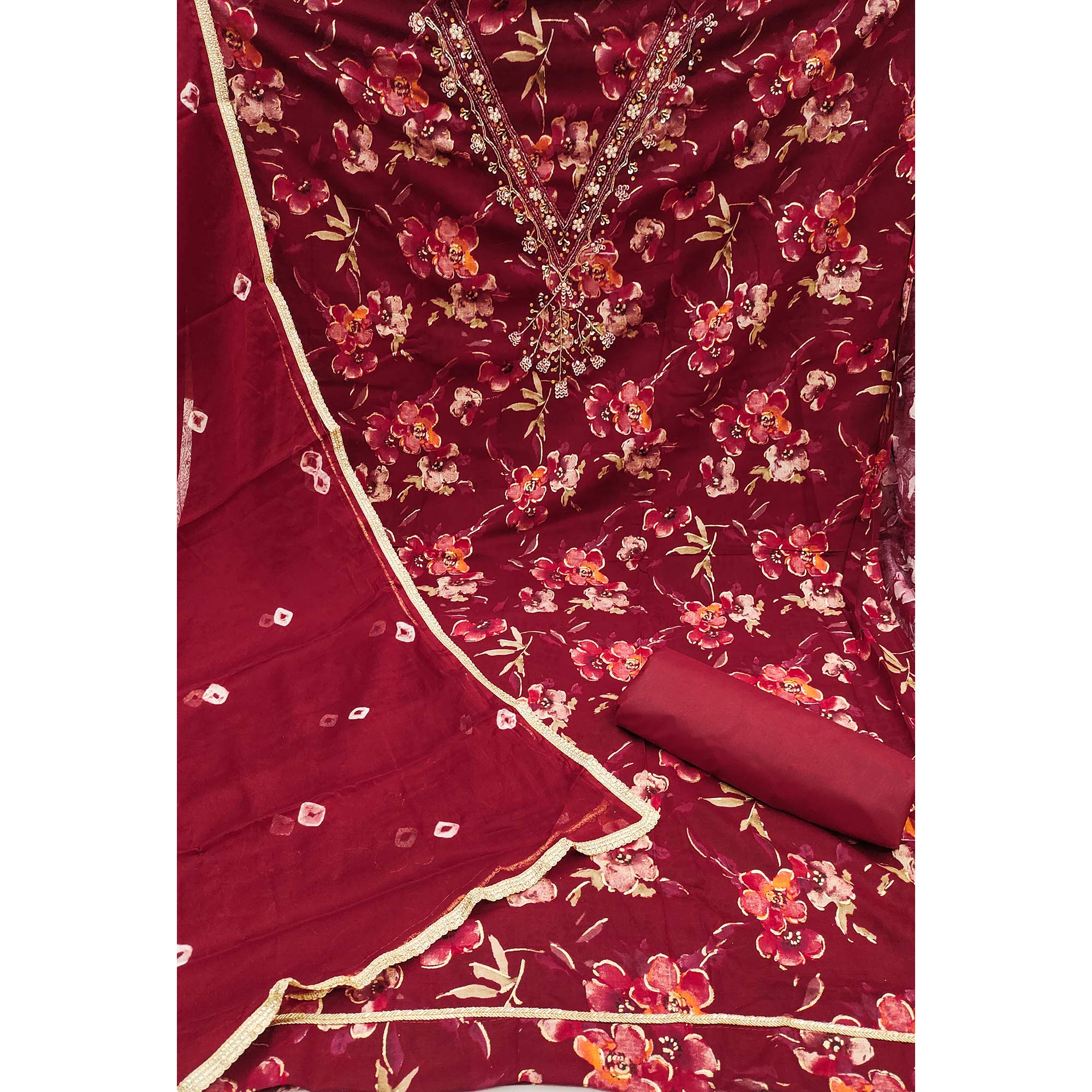 Dark Red Floral Printed With Handwork Pure Cotton Dress Material - Image 4