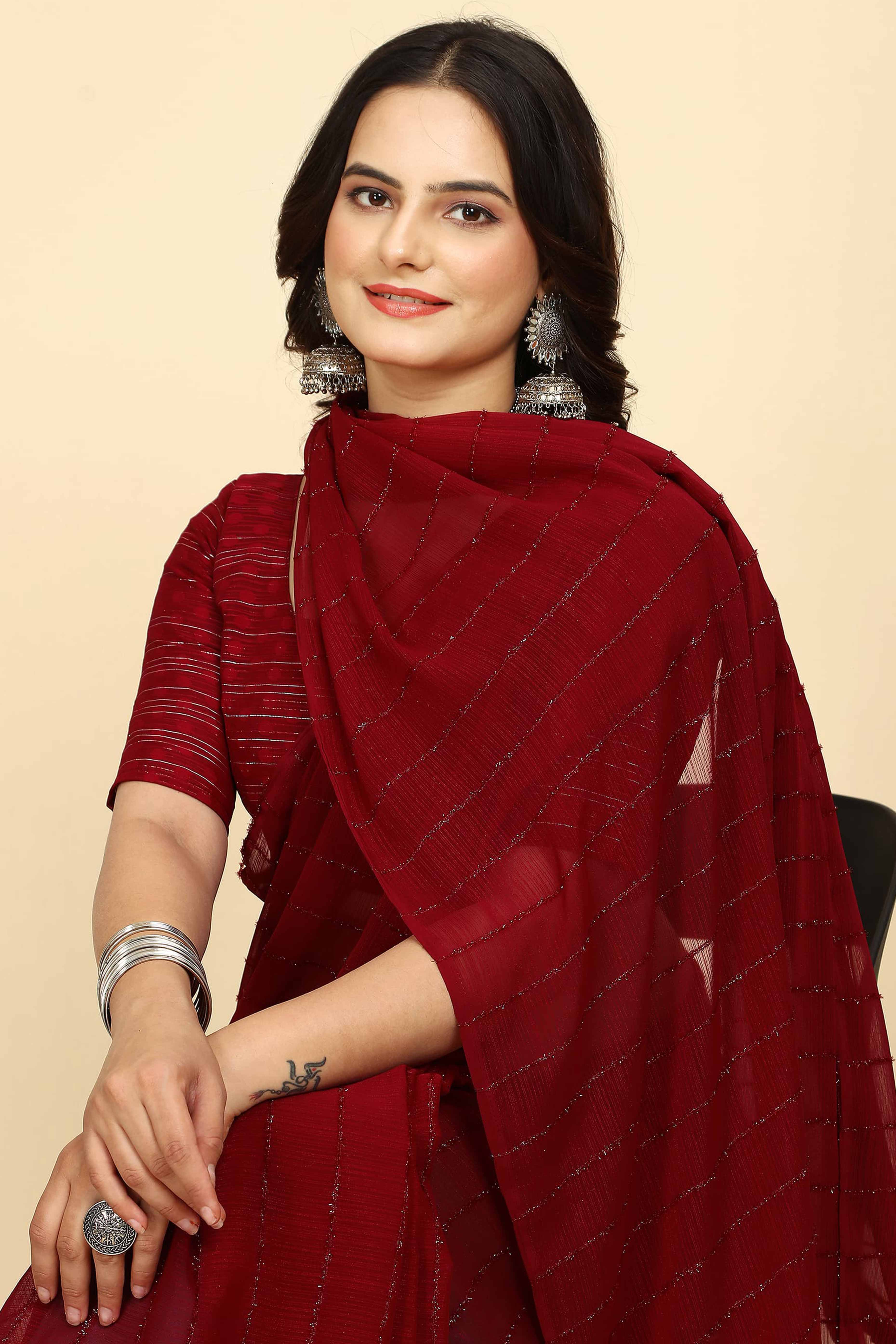 Dark Red Striped Zari Woven Chiffon Saree With Tassels - Image 6
