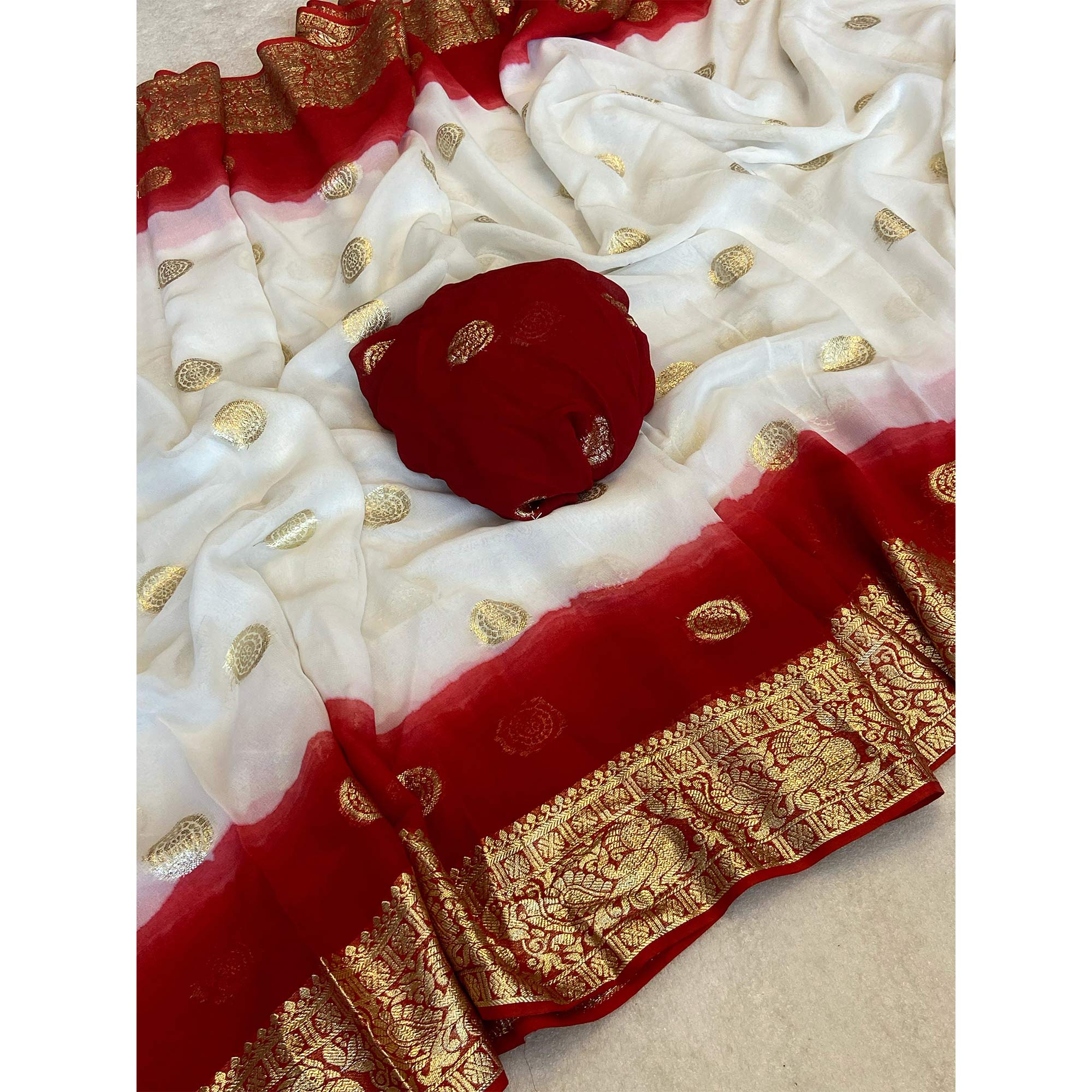 White & Dark Red Zari Weaving Pure Viscose Saree - Image 2