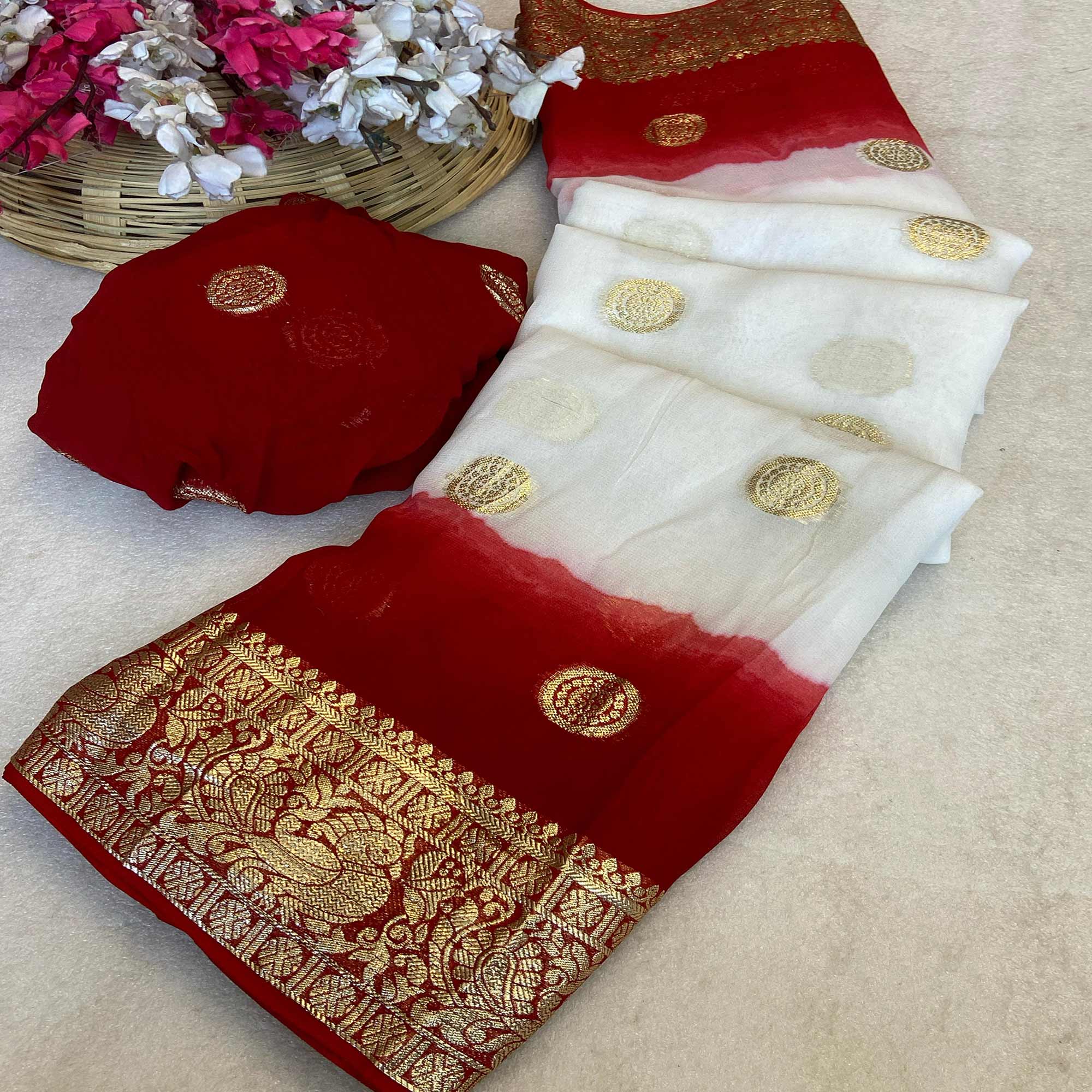 White & Dark Red Zari Weaving Pure Viscose Saree - Image 5